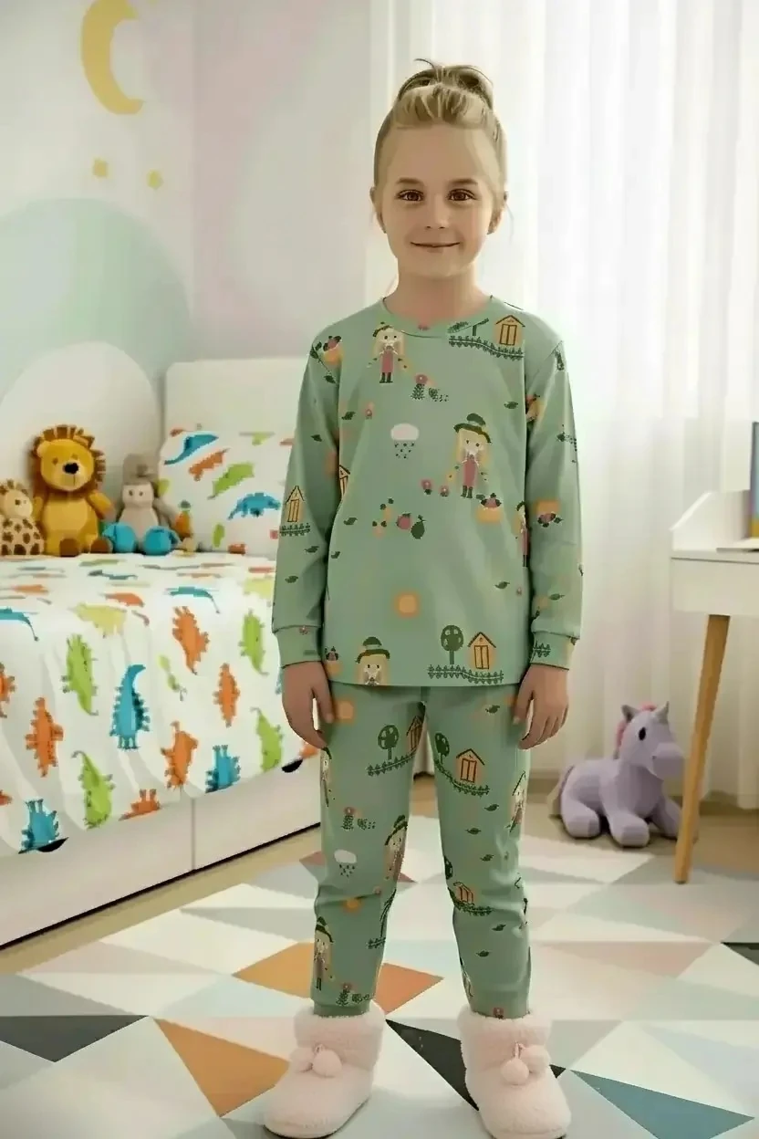İSOB Yeşil Kız Desenli Fitilli Kumaş İnterlok %100 Pamuk Kız Çocuk Pijama Takımı 3-8 Yaş 51240