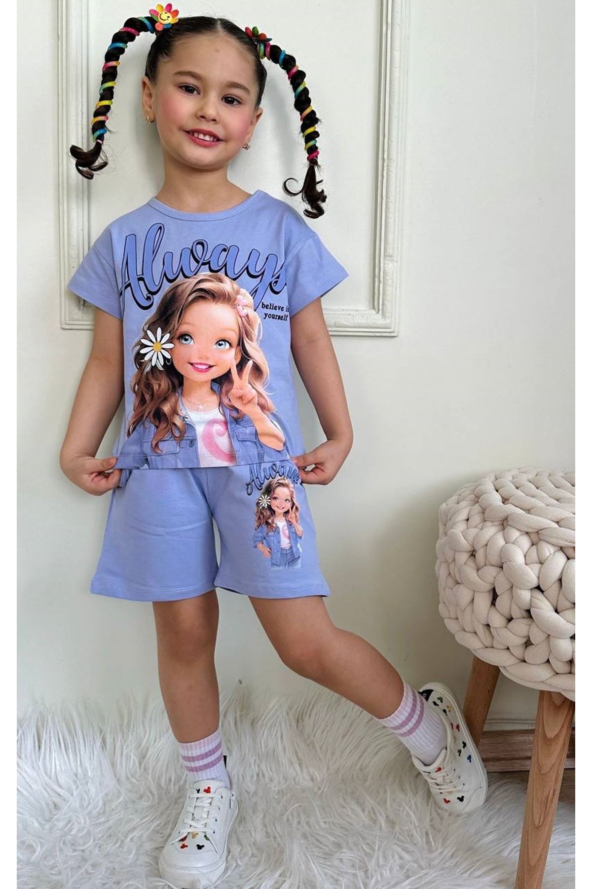 PJKSKT Always Believe Desenli Lila Şortlu Kız Çocuk Kısa Kol Takım 7552-L