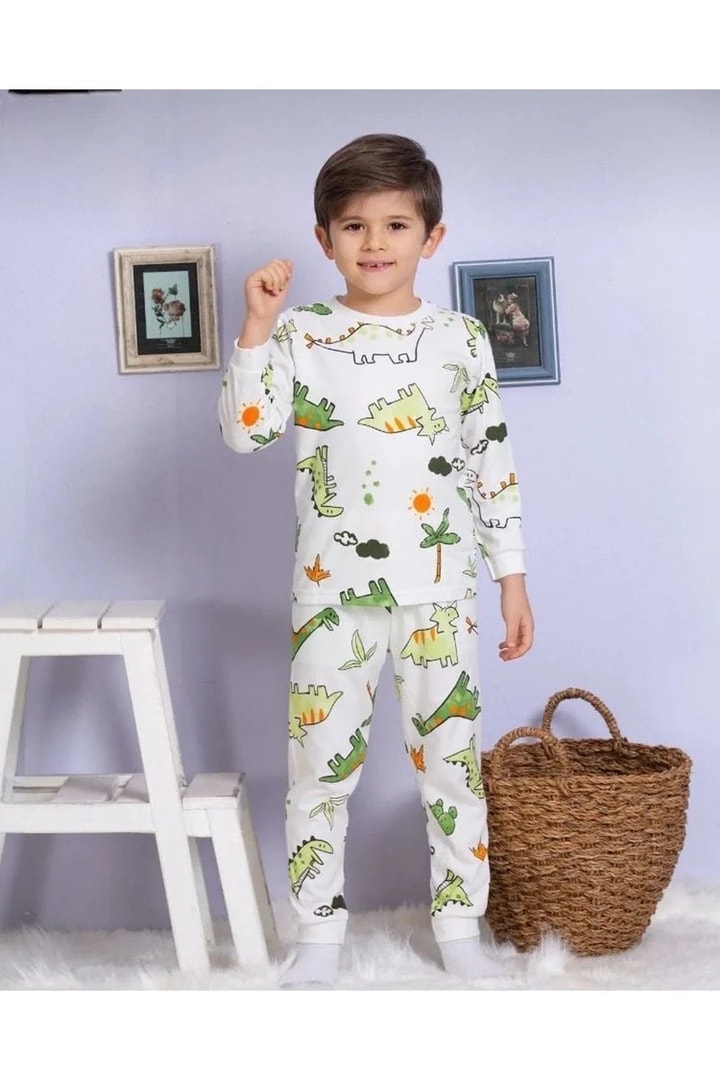 ELMP Ekru Dinazor Desenli %100 Pamuk Erkek Çocuk Pijama Takımı 1-13 Yaş 3070