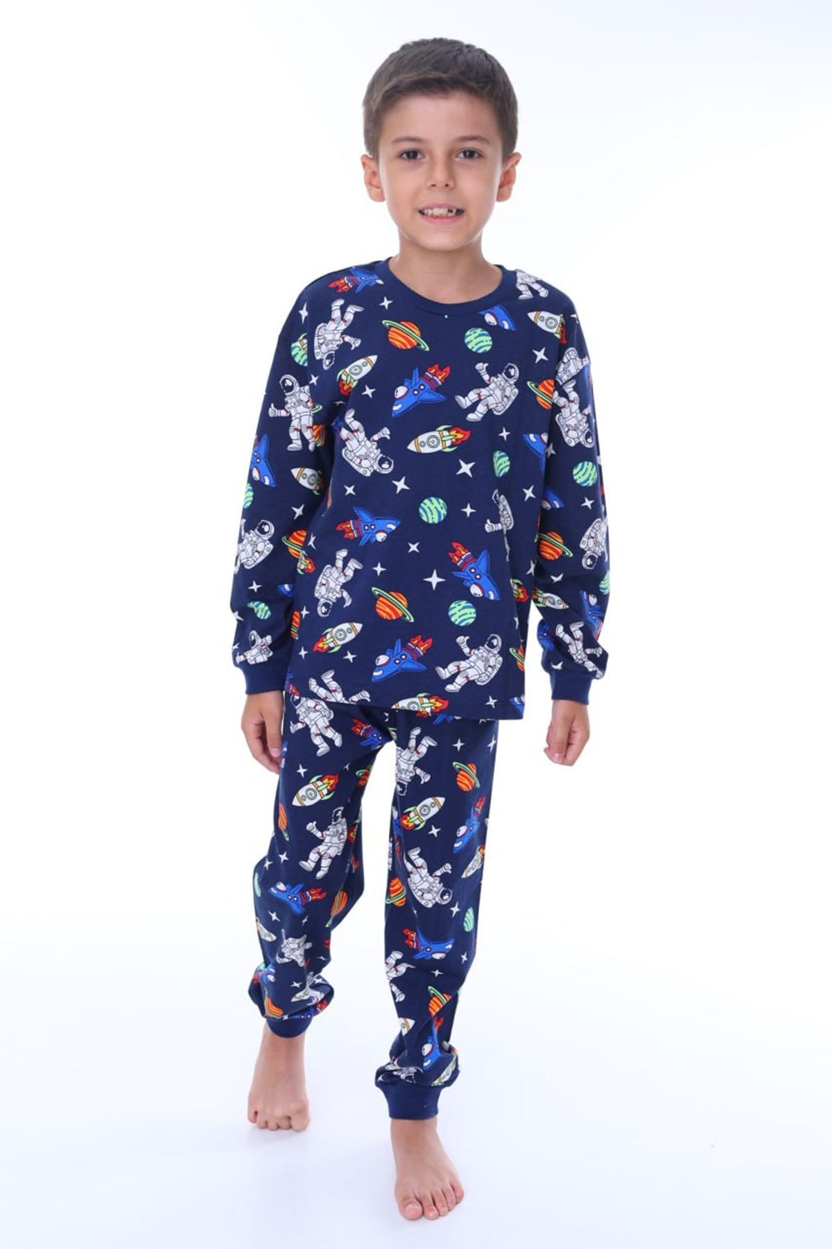 İSOB Lacivert Uzay Desenli %100 Pamuk Erkek Çocuk Pijama Takımı 8-13 Yaş 41509-L