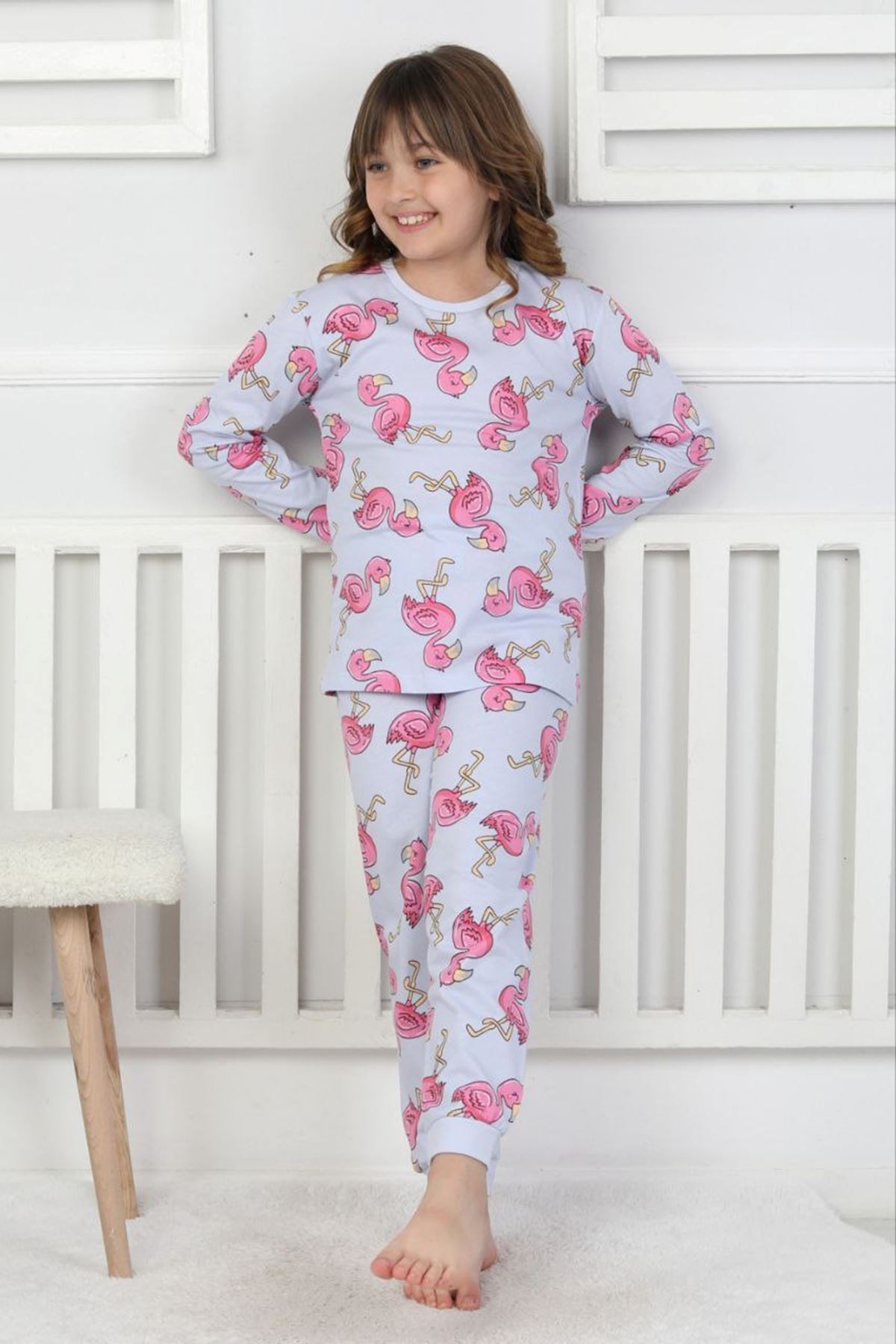 İSOB Lila Flamingo Desenli %100 Pamuk Kız Çocuk Pijama Takımı 3-8 Yaş 51203-L