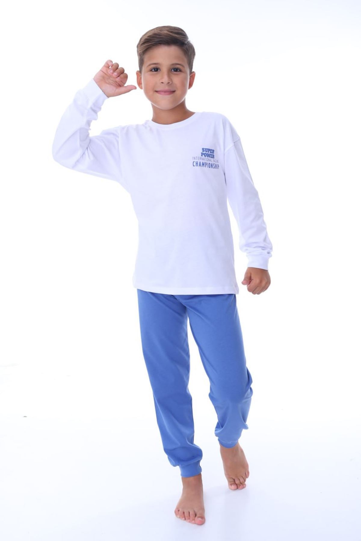 İSOB Beyaz Atv Desenli %100 Pamuk Erkek Çocuk Pijama Takımı 8-13 Yaş 36203-B