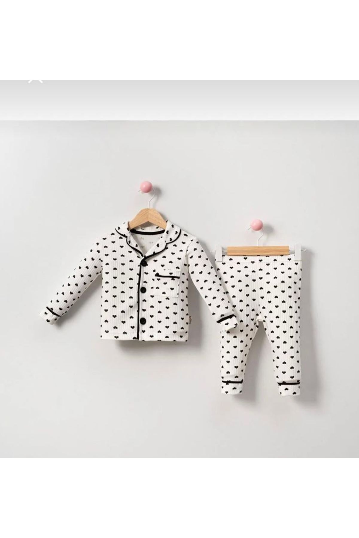 DLŞP Siyah Kalp Desenli %100 Pamuk Bebek Pijama Takımı 6-18 Ay 1071-S