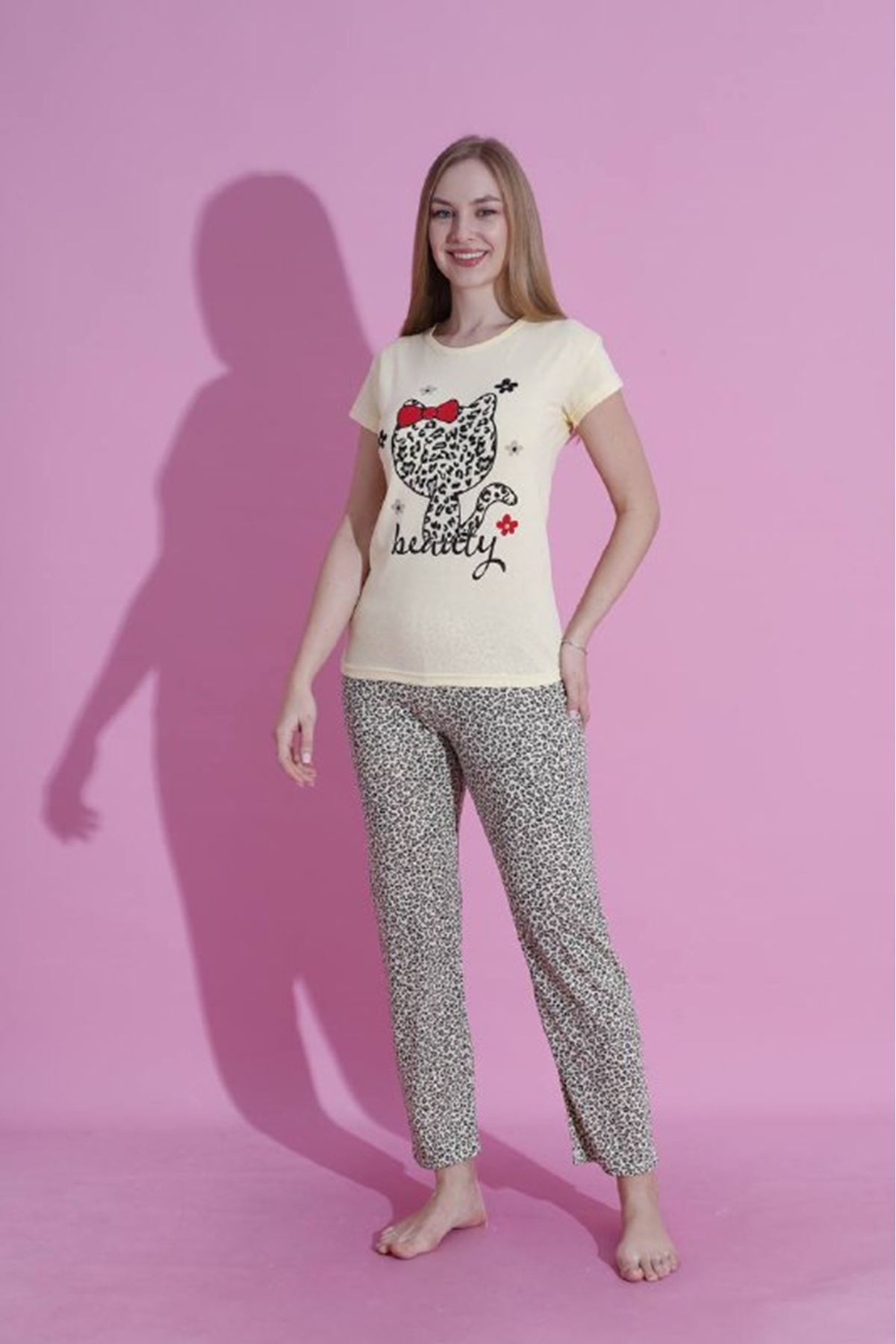 MLALE Kedicik Desenli Suprem Kumaş Kısa Kollu Bayan Pijama Takımı 3443-S