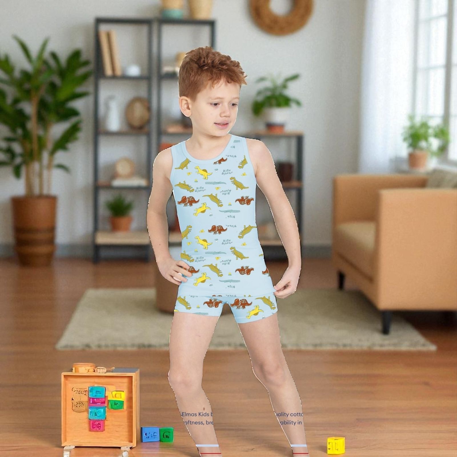 ELM Mavi Dinozor Desenli Erkek Çocuk Atlet Boxer Takımı 7081