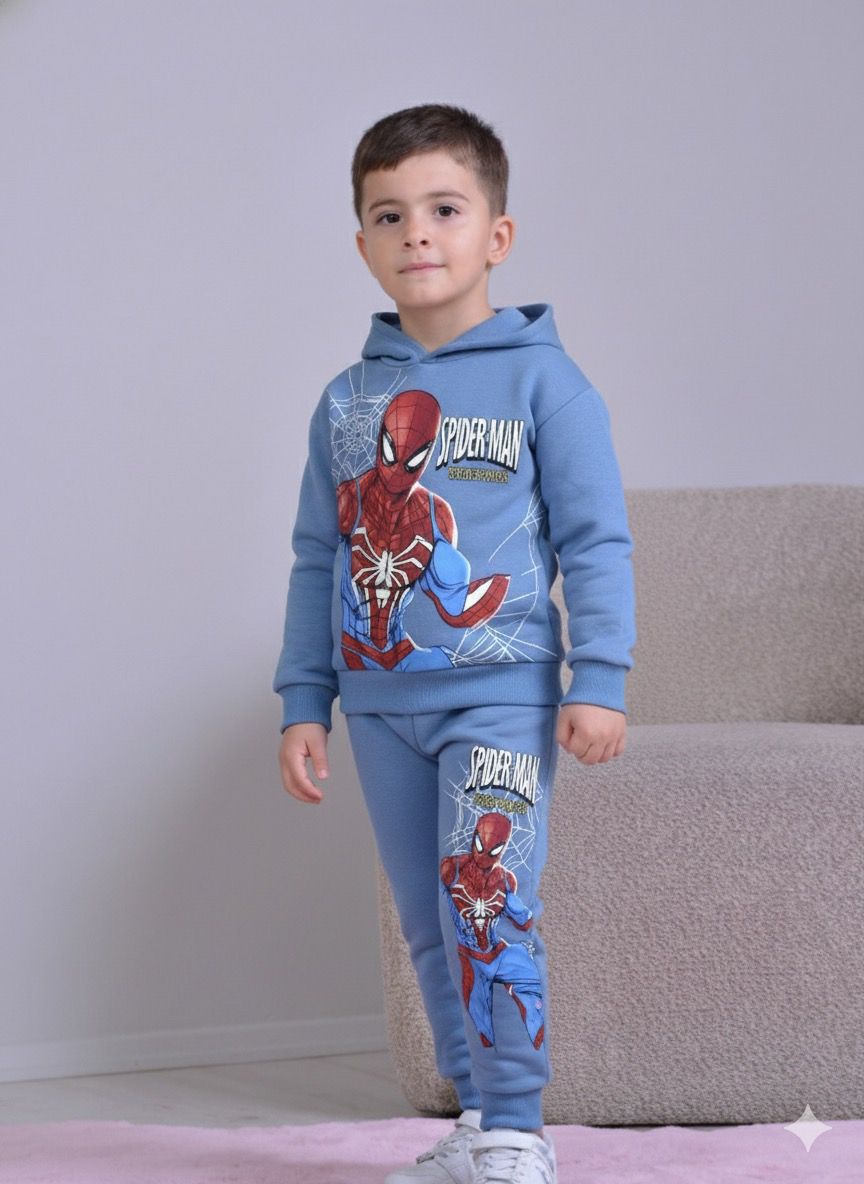 PJK3İ Ö.Adam Desenli 3 İp Şardonlu Kapşonlu %100 Pamuk Erkek Çocuk Eşofman Takımı 3-10 Yaş 8272 - MAVİ