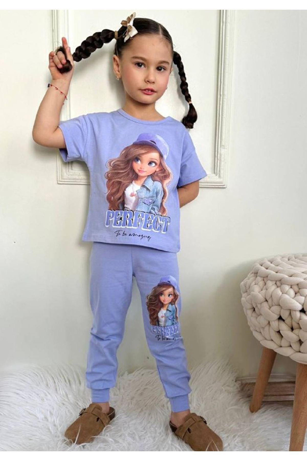 PJKKE Şapkalı Kız Desenli Lila Eşofmanlı Kız Çocuk Kısa Kol Takım 3-10 Yaş 7439-L