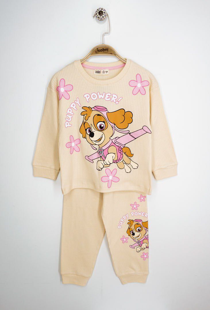 İSOB P.Petrol Desenli Fitilli Kumaş %100 Pamuk Kız Çocuk Pijama Takımı 3-8 Yaş 31225 - KREM