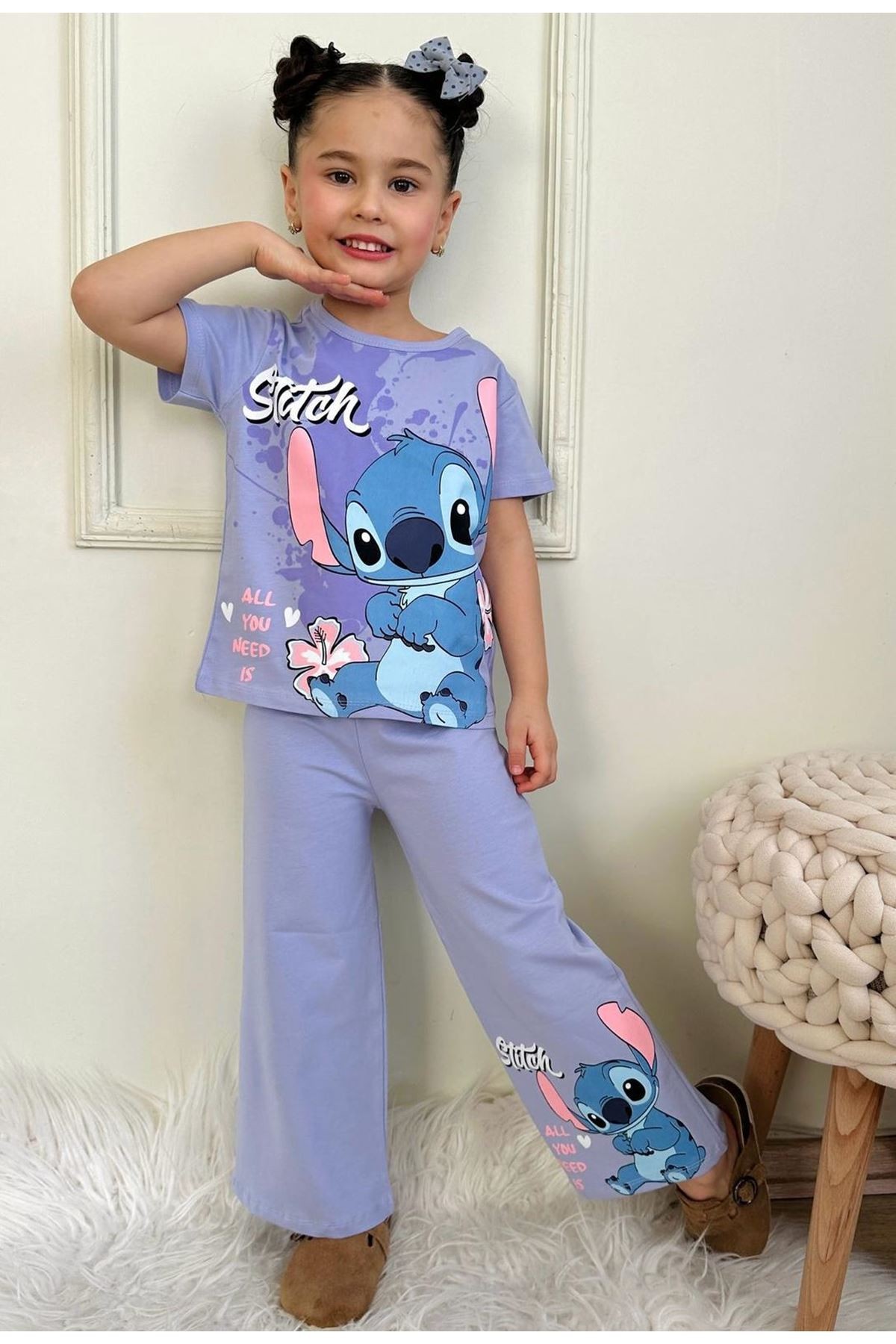 PJKBP Stitch Desenli Lila Bol Paça Kız Çocuk Kısa Kol Takım 3-10 Yaş 7617-L