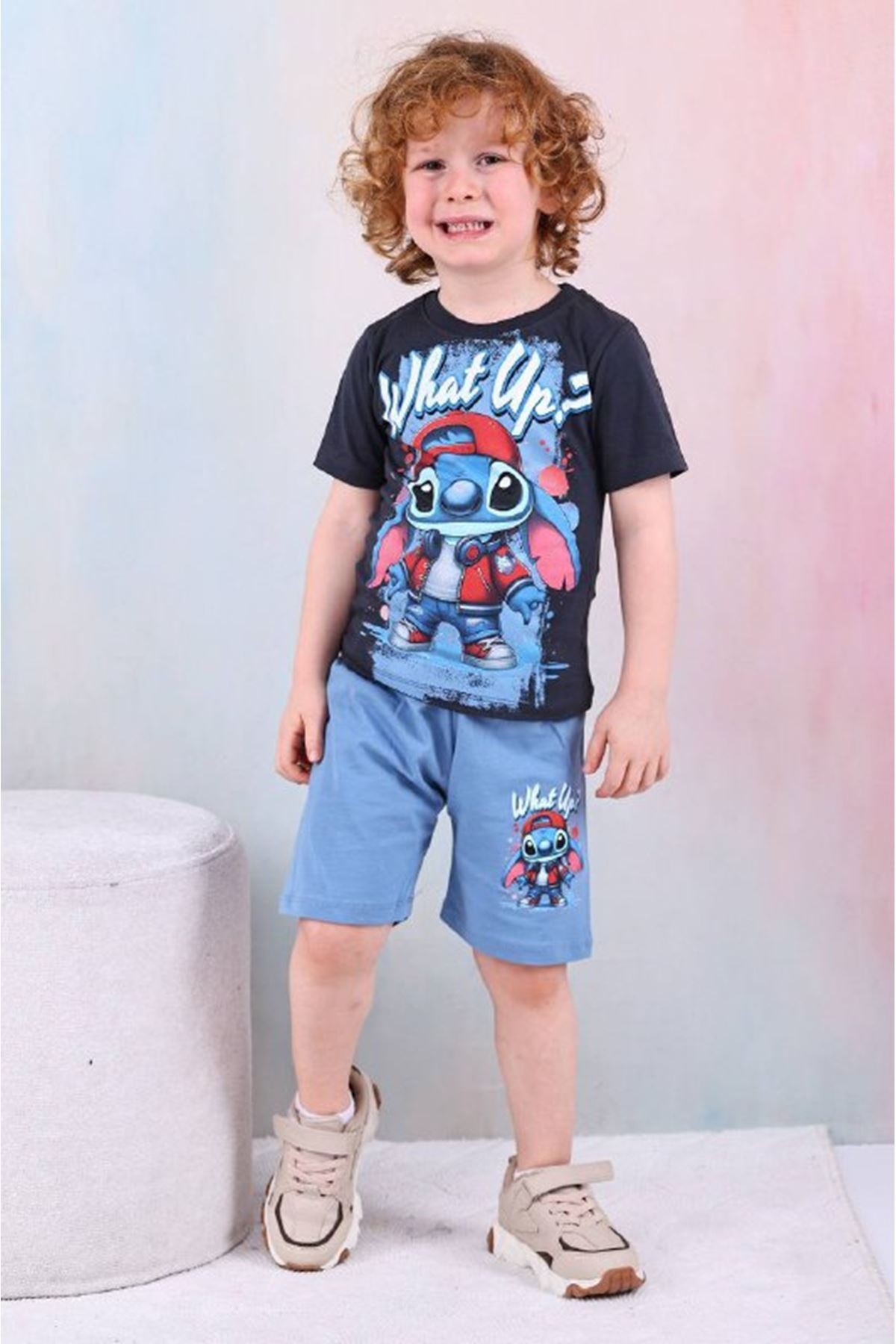 PJKSKT Stitch What Up Desenli Mavi Şortlu Erkek Çocuk Kısa Kol Takım 7528-M