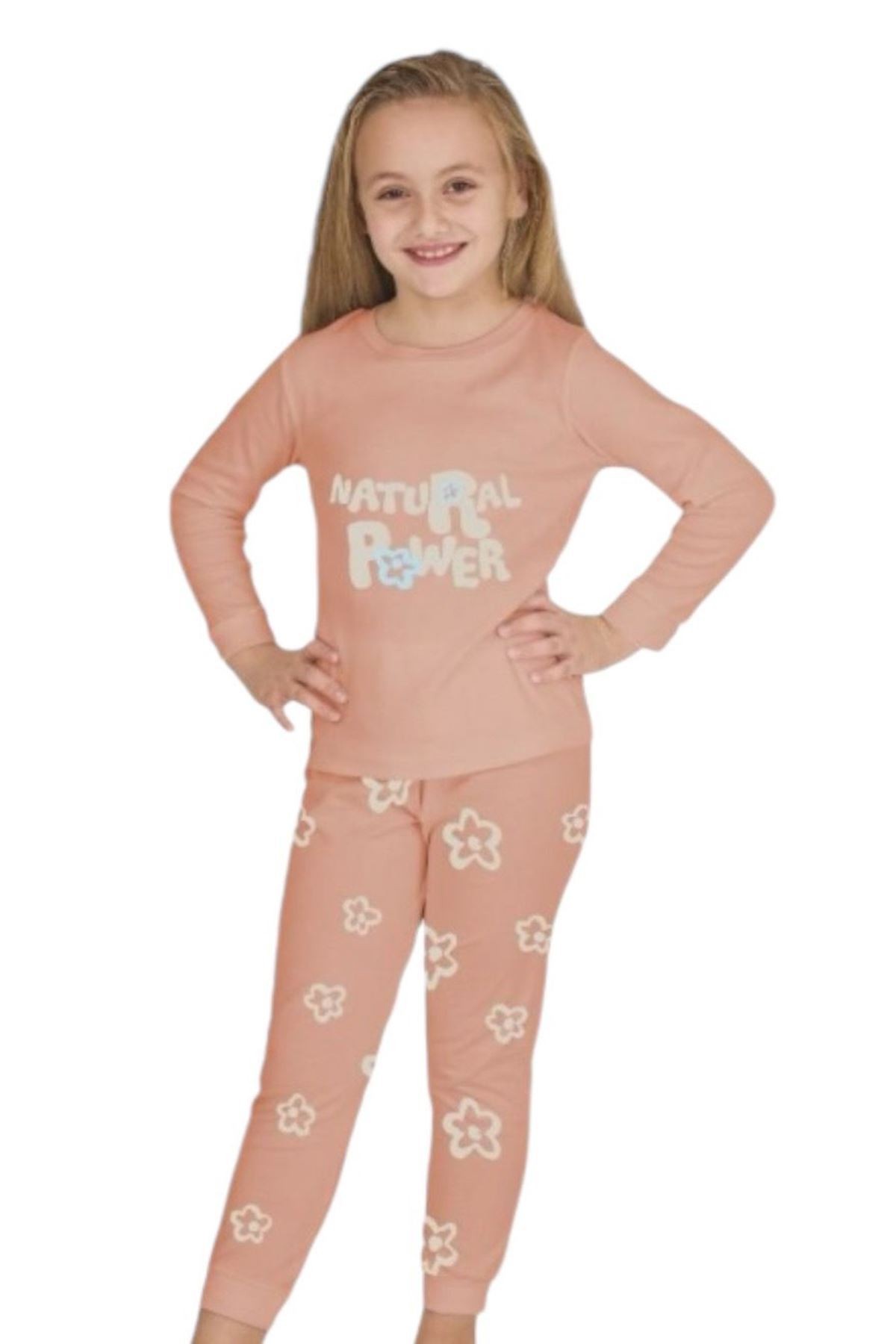*ELMP Natural Çiçek Desen %100 Pamuk Kız Çocuk Pijama Takımı 9-13 Yaş 4013