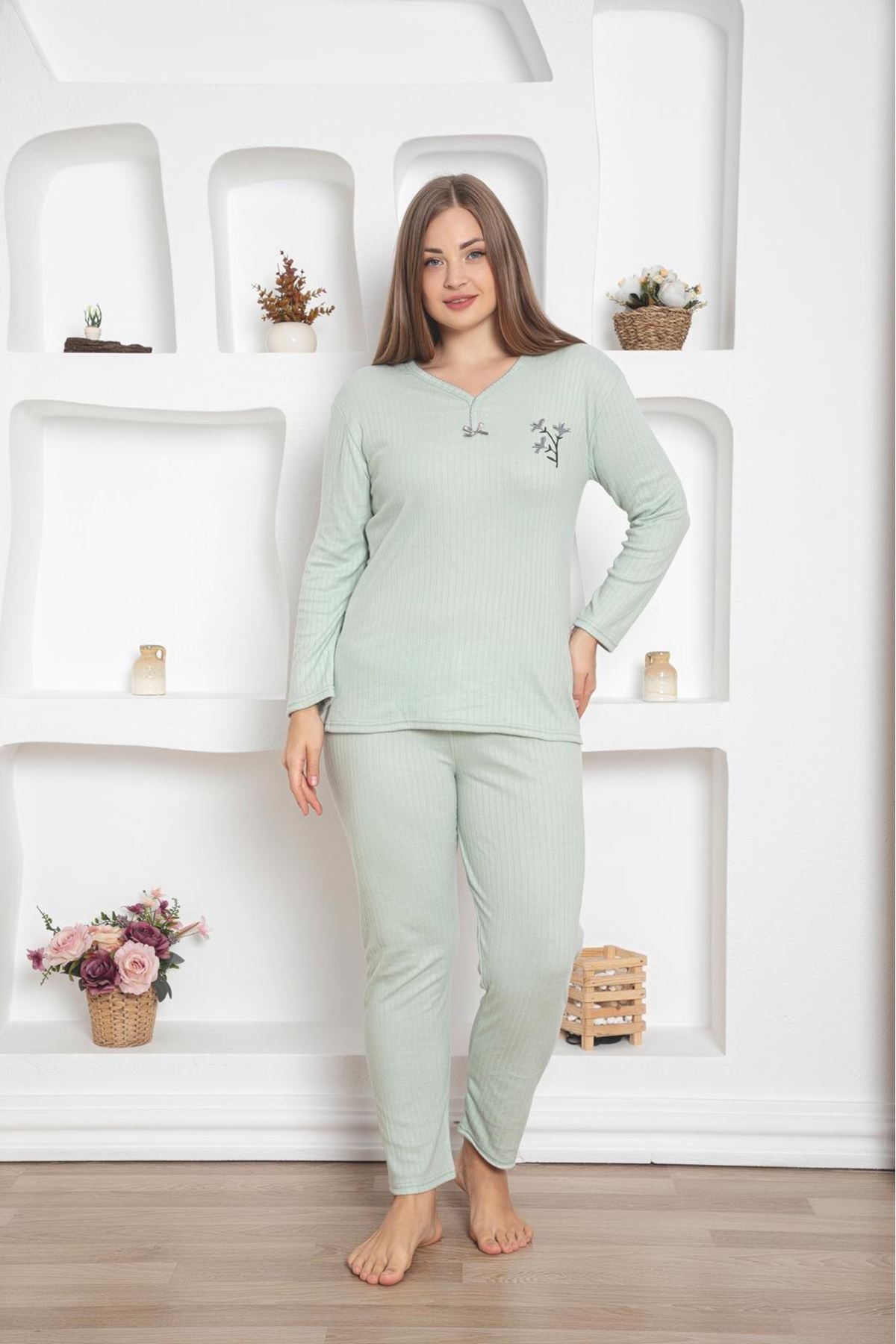 MLALE Yeşil İnce Fitilli Raporlu İnterlok Bayan Pijama Takımı 4082-Y