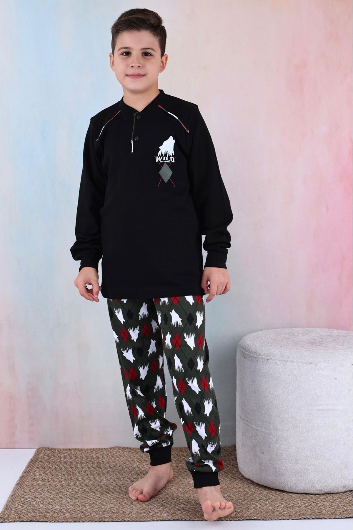 KAPİP Lacivert WILD Baskılı İnterlok Erkek Çocuk Pijama Takımı 11-15 Yaş 5178-S
