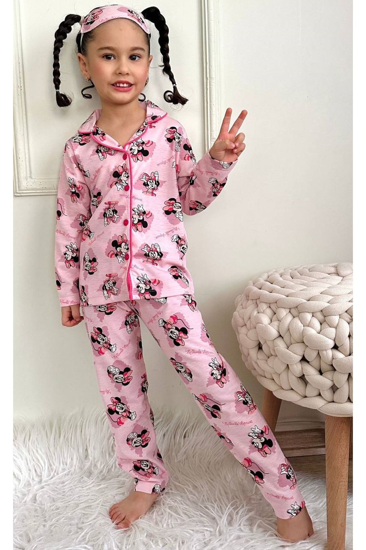 PJKÖ Minnie Mause Desen Pembe Uzun Kollu Önden Düğmeli Kız Çocuk Pijama Takımı 4-12 Yaş 538U-P