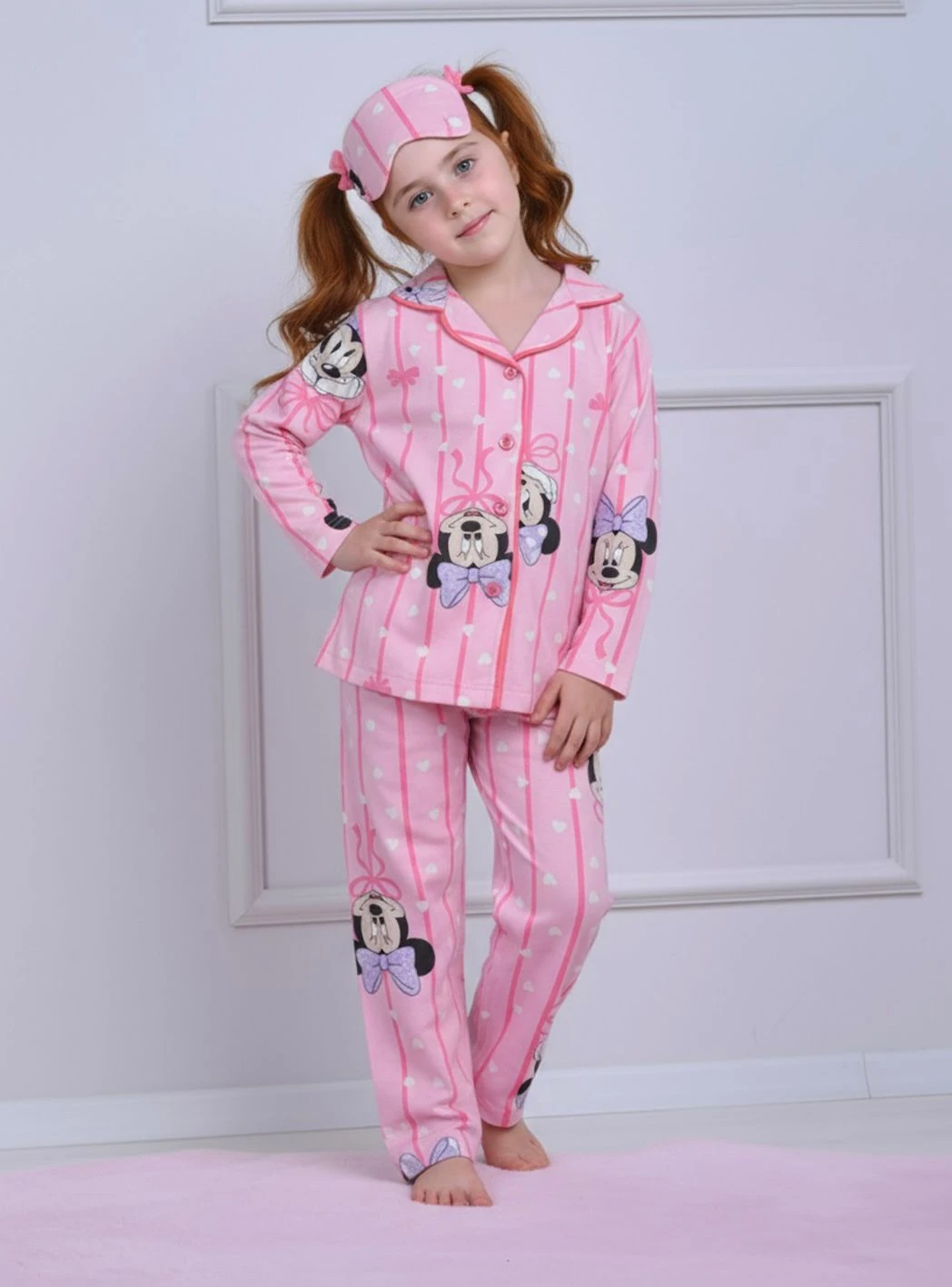 PJKÖ Min. Mause Desenli Pembe Uzun Kollu Önden Düğmeli Kız Çocuk Pijama Takımı 4-12 Yaş 508U