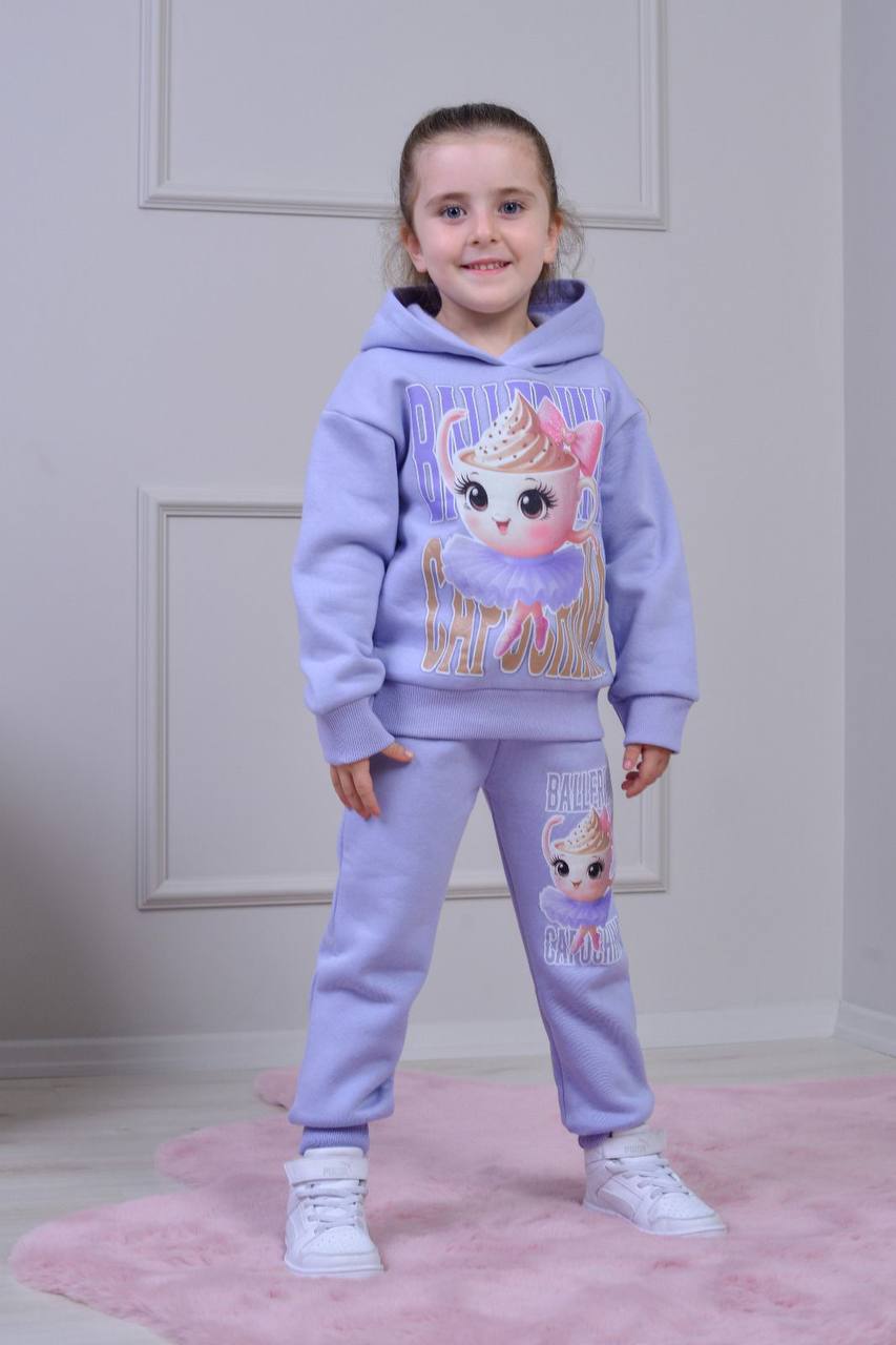 PJK3İ Balarina Capicino Kız Desenli 3 İp Şardonlu Kapşonlu %100 Pamuk Kız Çocuk Eşofman Takımı 3-10 Yaş 8252 - LİLA