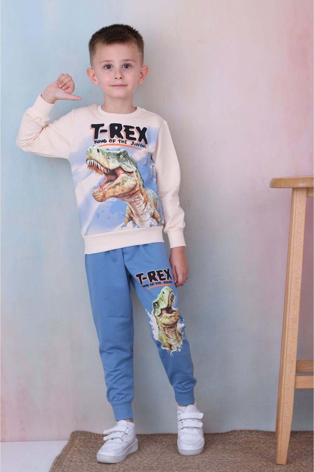 2PJK2İ T-rex Desenli Mavi 2 İp %100 Pamuk Erkek Çocuk Eşofman Takımı 3-10 Yaş 7257-M