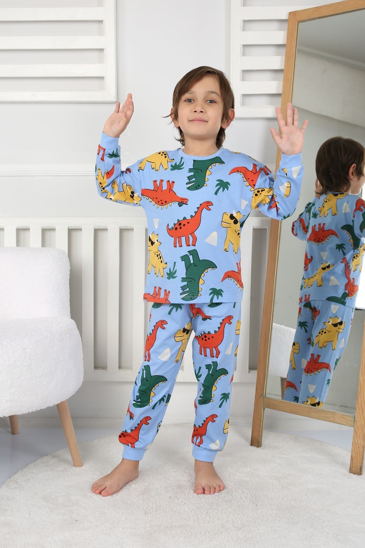 İSOB Mavi Dinozor Desenli %100 Pamuk Erkek Çocuk Pijama Takımı 3-8 Yaş 32232-M