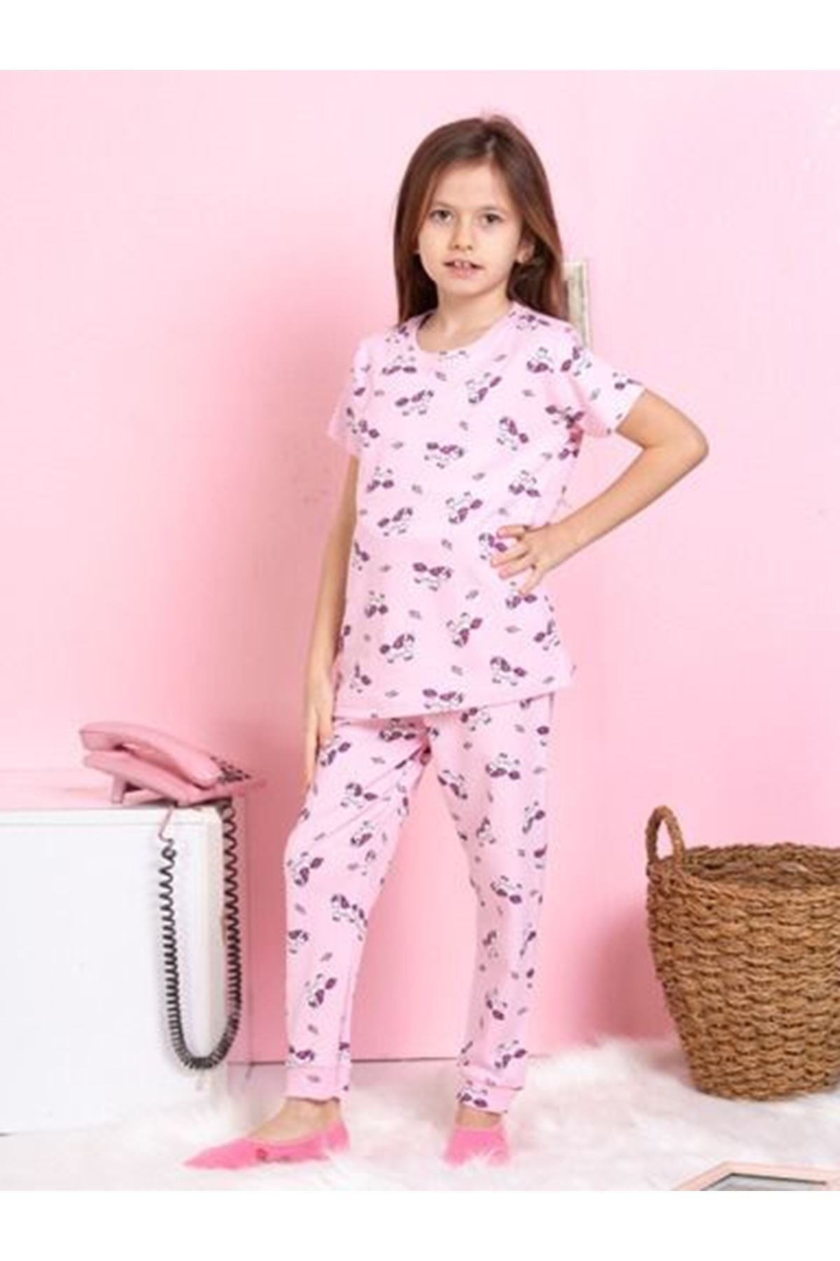 ELMKP Pembe Unicorn Desen Fitilli Kumaş Kız Çocuk Pijama Takımı 3-10 Yaş 1114
