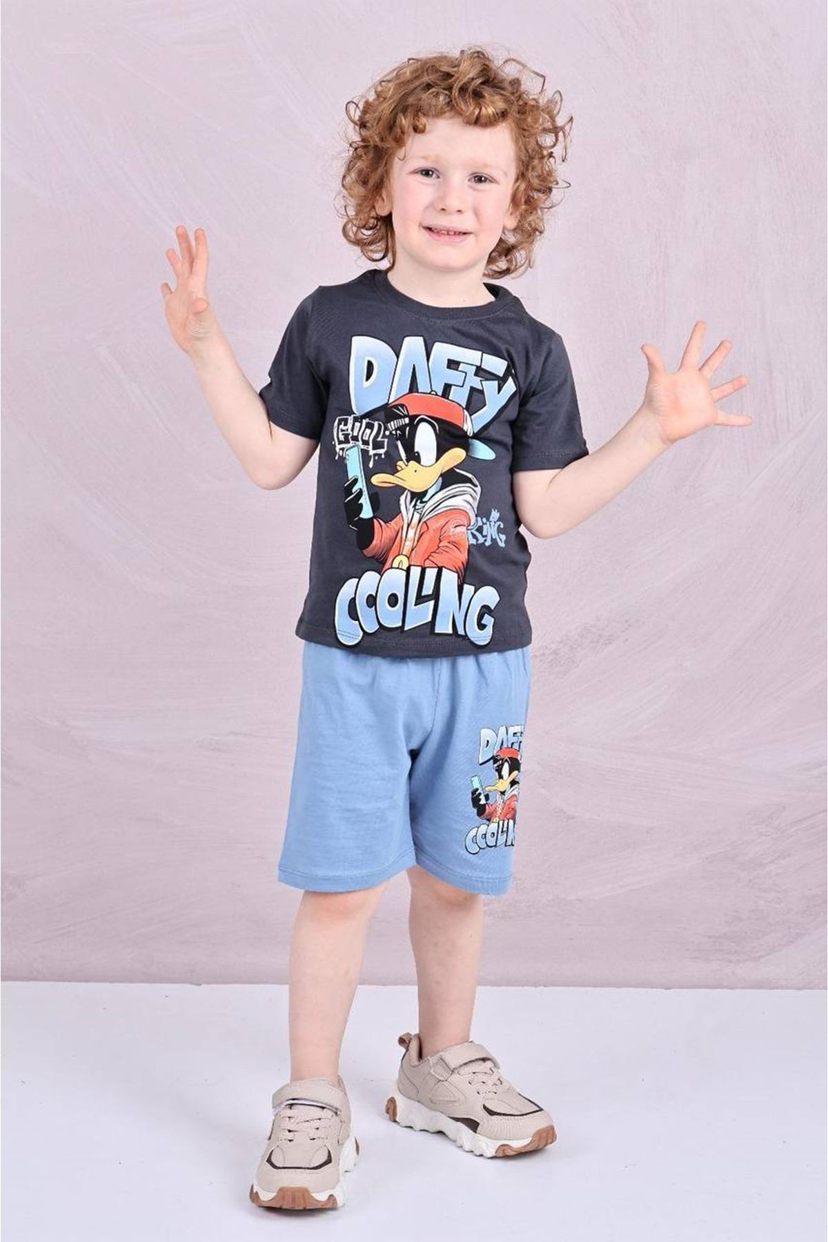 PJKSKT Daffy Desenli Mavi Şortlu Erkek Çocuk Kısa Kol Takım 7585-M