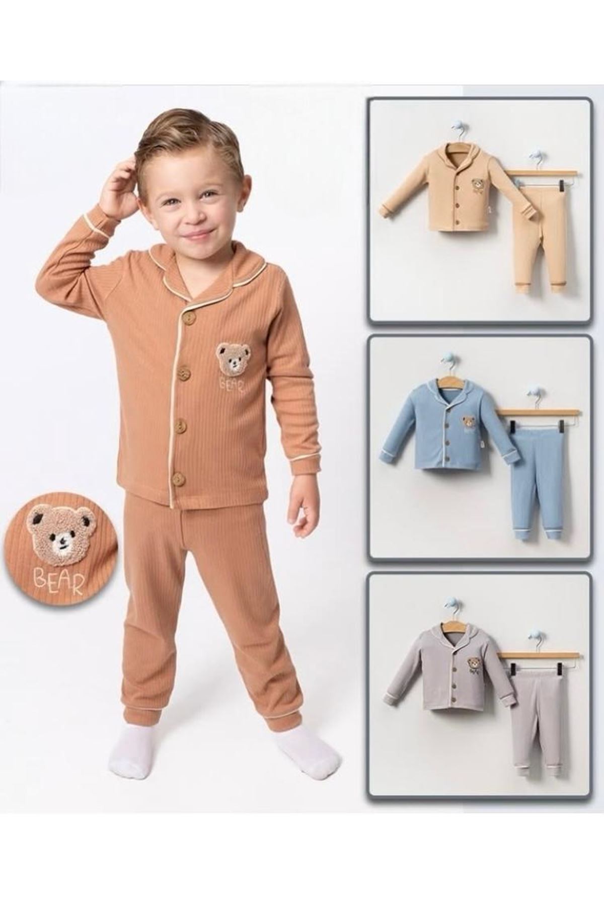 DLŞP Bej Ayıcık Desenli %100 Pamuk Bebek Pijama Takımı 6-18 Ay 1068-B