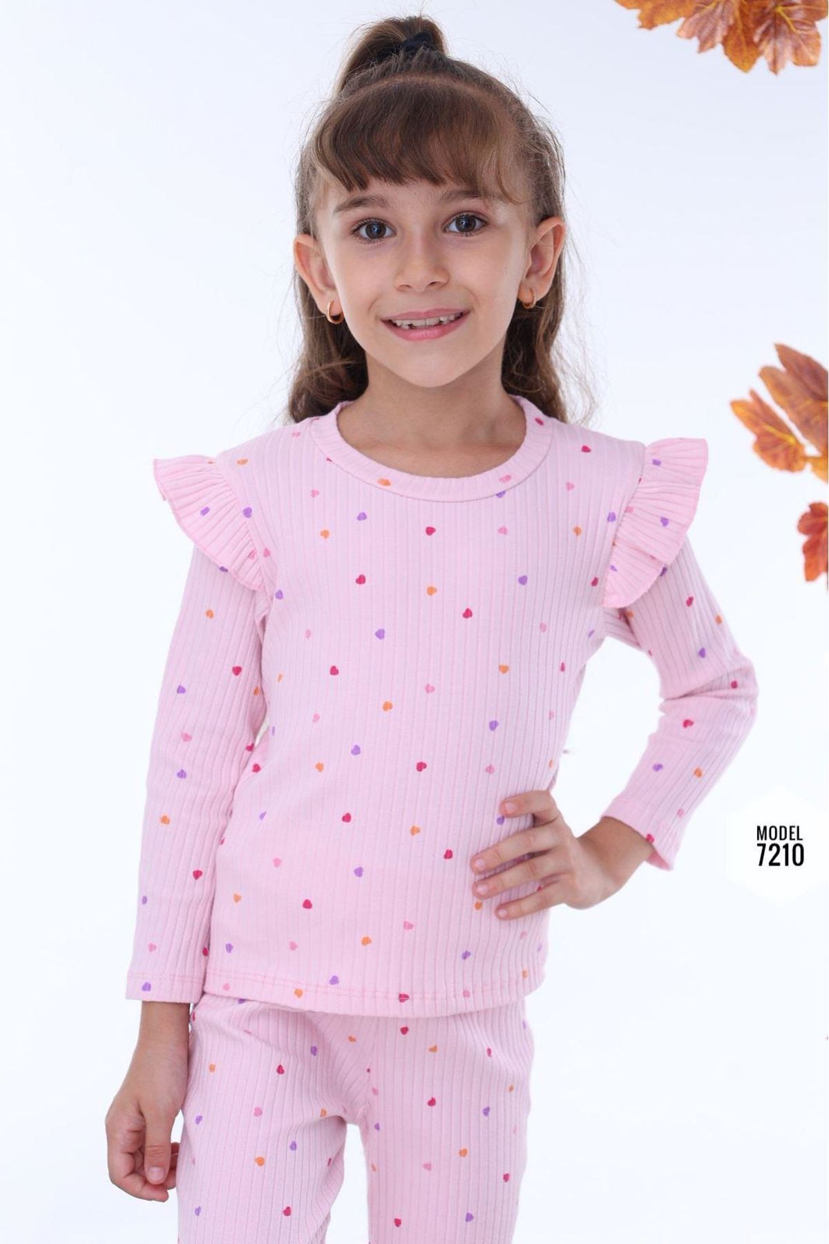 PJK2İ Kalp Desenli Pembe Fitilli 2 İp %100 Pamuk Kız Çocuk Takımı 3-10 Yaş 7210-P