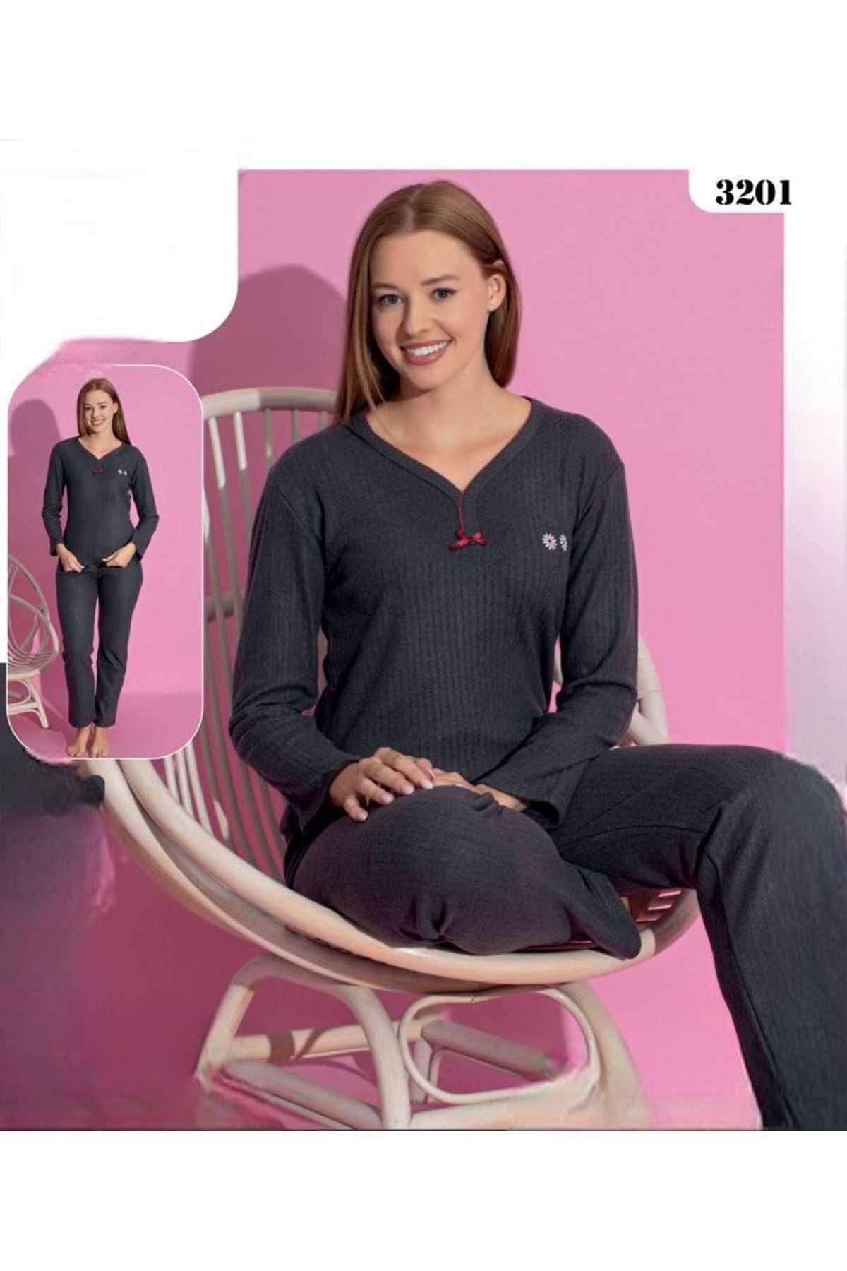 MLALE Füme Kalın Raporlu İnterlok Bayan Pijama Takımı 1303-3201