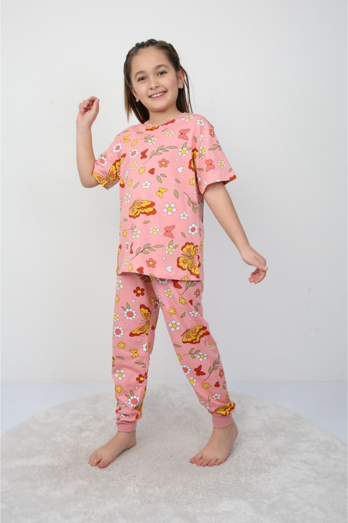 İSOB Pembe Kelebek Desenli %100 Pamuk Kız Çocuk Kısa Kollu Pijama Takımı 3-8 Yaş 21208-P