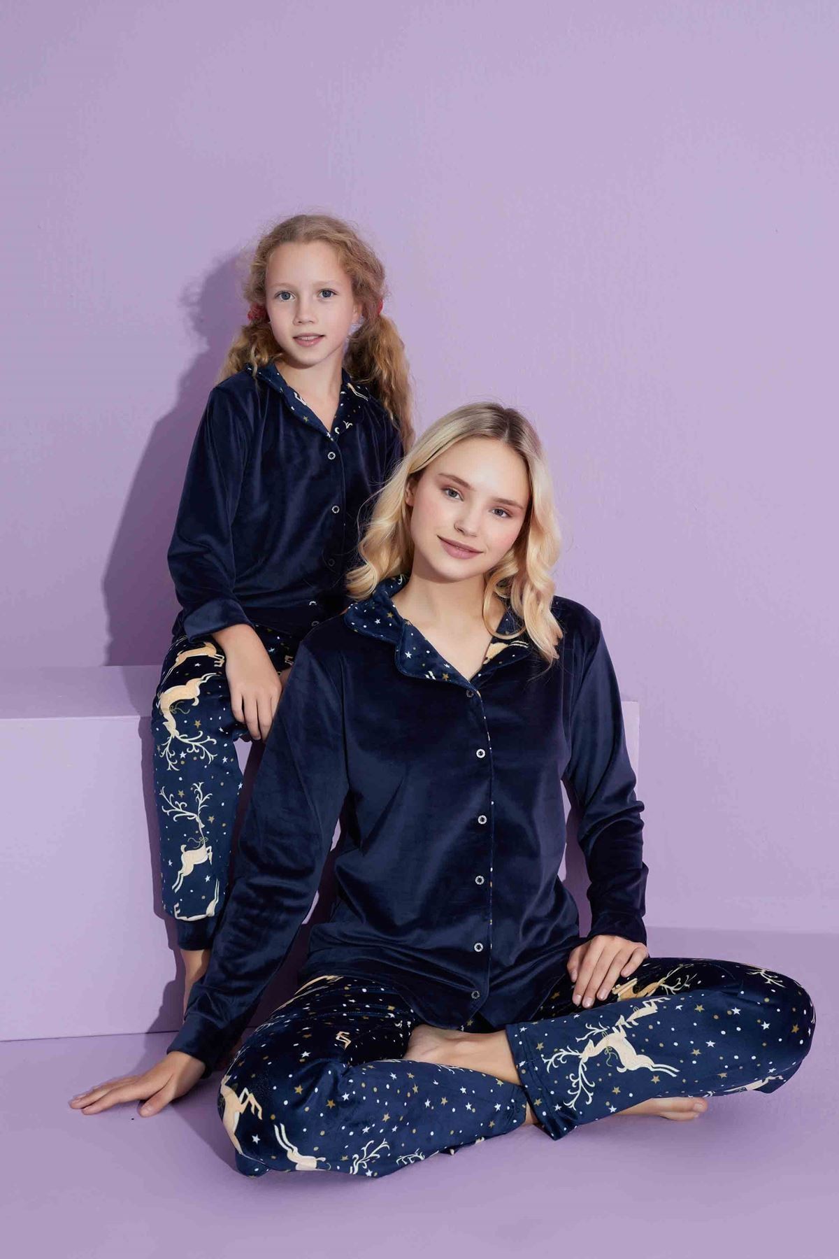 TARP Lacivert Kadife Önden Düğmeli Kız Çocuk Pijama Takımı 5-15 Yaş 2797-2798-2-L