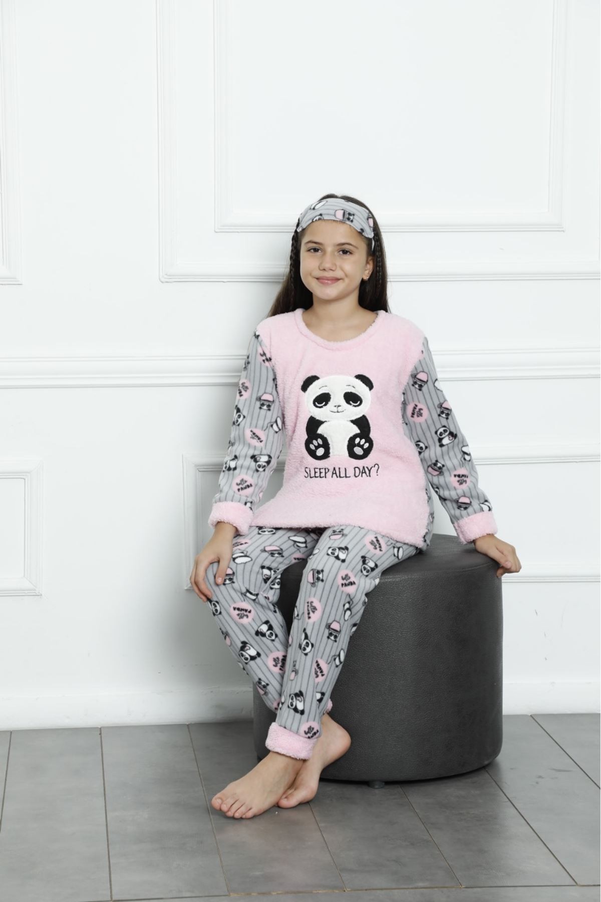 MİNİM Pembe Ayıcıklı Polar Kız Çocuk Pijama Takımı 5-16 Yaş 7013-PE
