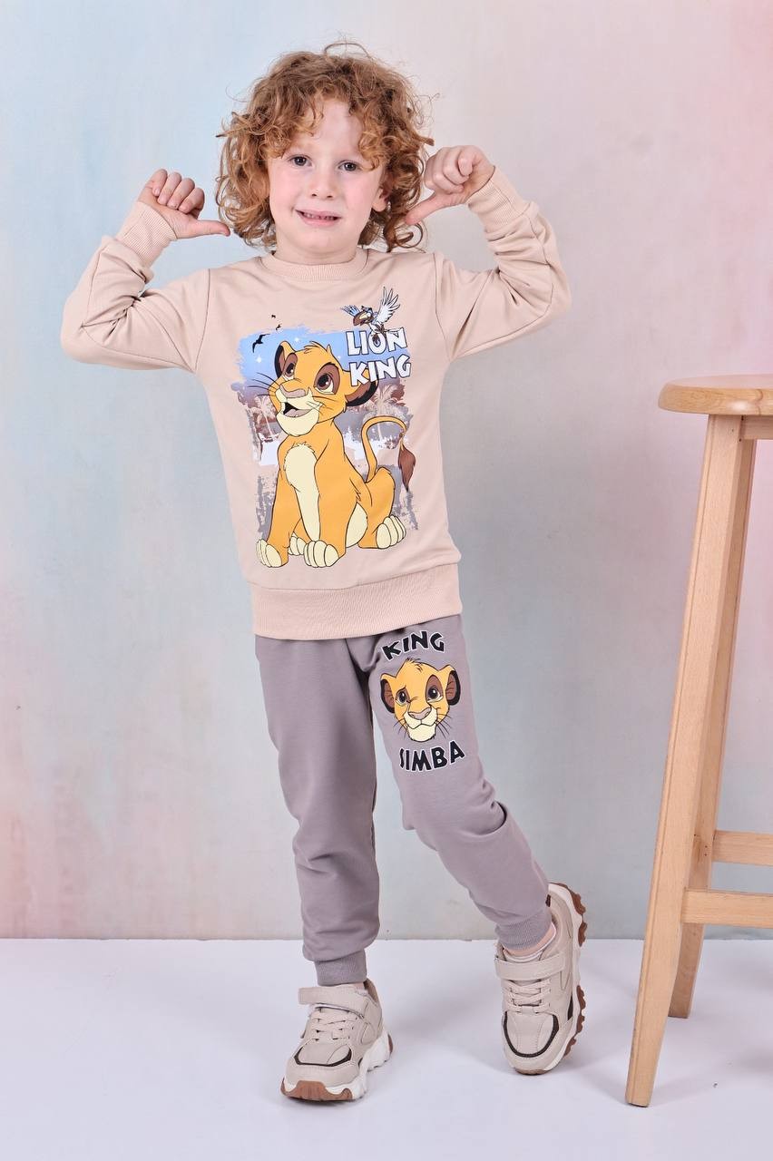 PJK2İ Lion King Desenli 2 İp %100 Pamuk Erkek Çocuk Eşofman Takımı 3-10 Yaş 8182 - GRİ