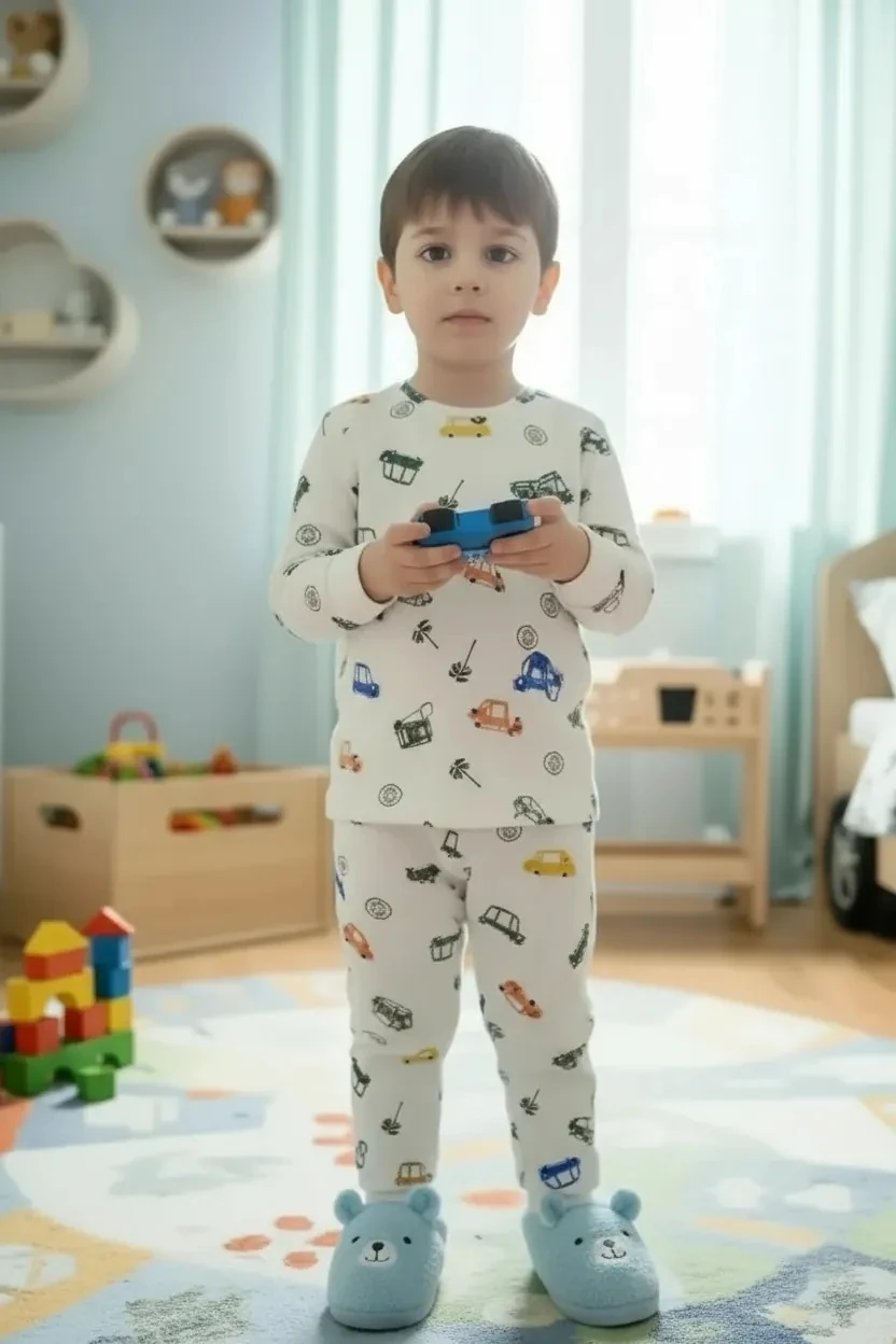 İSOB Araba Desenli Fitilli Kumaş İnterlok %100 Pamuk Erkek Çocuk Pijama Takımı 3-13 Yaş PJM-1-51527