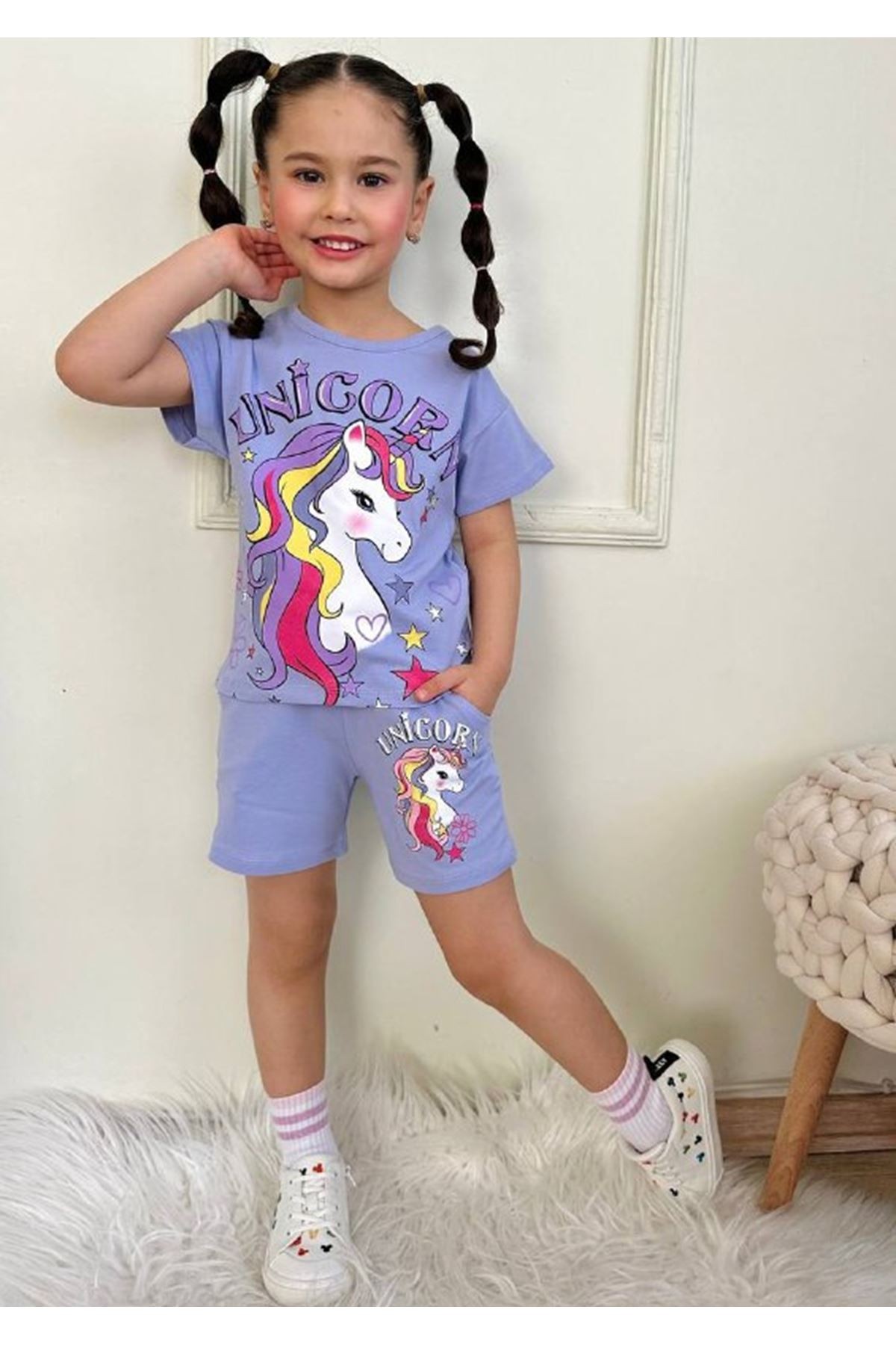 PJKSKT Unicorn Desenli Lila Şortlu Kız Çocuk Kısa Kol Takım 7556-L