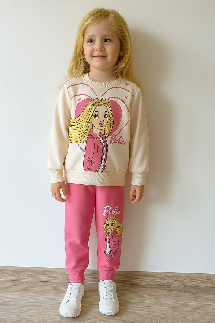 PJK2İ Barbie Desenli 2 İp %100 Pamuk Kız Çocuk Eşofman Takımı 3-10 Yaş 8118 - FUŞYA