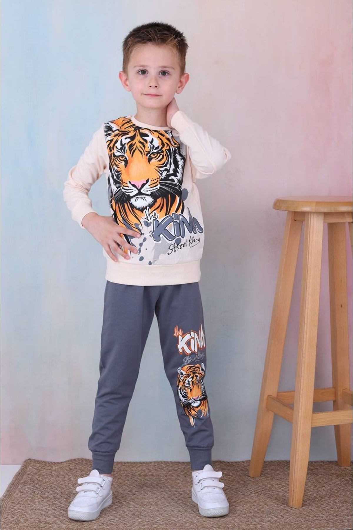 2PJK2İ Tiger Desenli Füme 2 İp %100 Pamuk Erkek Çocuk Eşofman Takımı 3-10 Yaş 7252-F