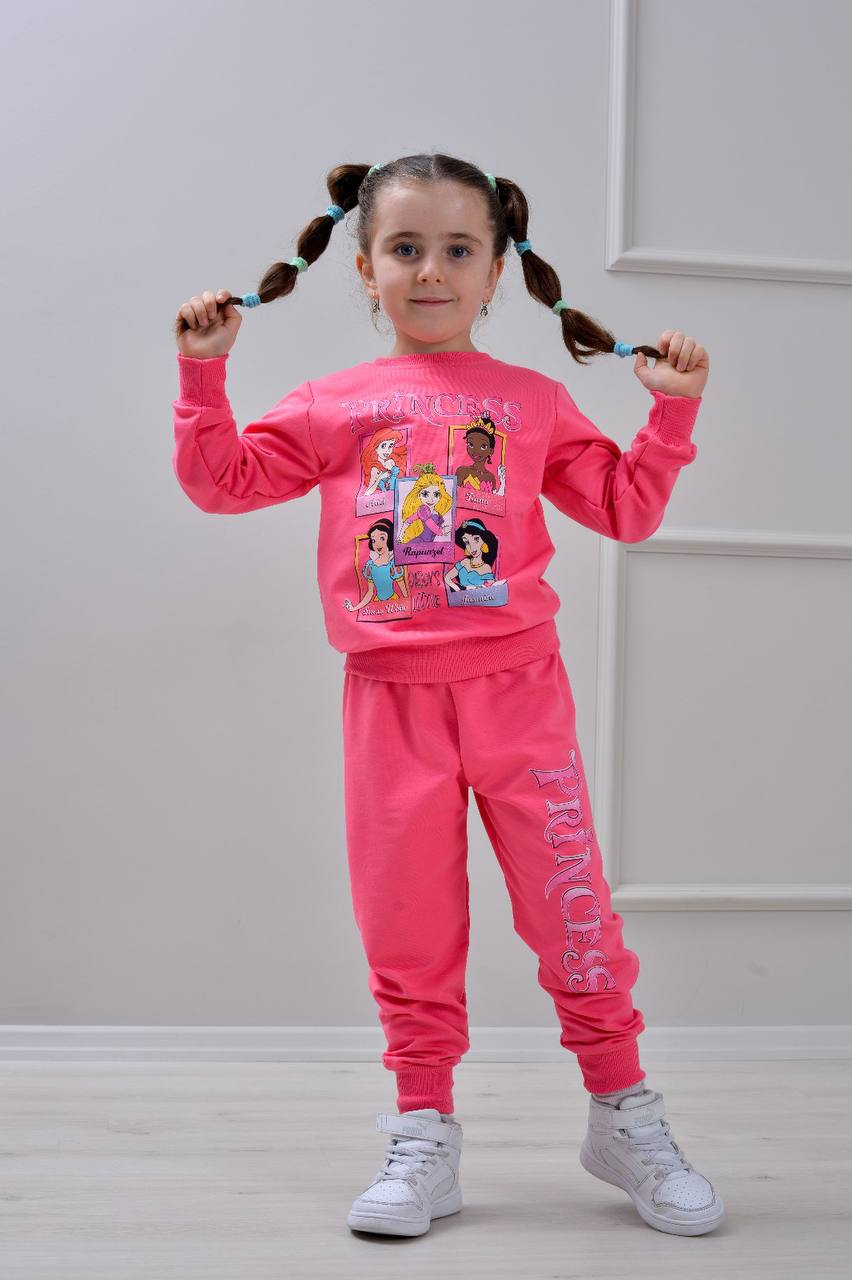 PJK2İ Prensesler Desenli 2 İp %100 Pamuk Kız Çocuk Eşofman Takımı 3-10 Yaş 6410 - FUŞYA