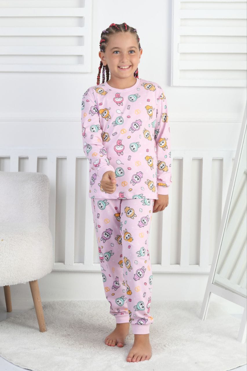 İSOB Pembe Labubu Desenli %100 Pamuk Kız Çocuk Pijama Takımı 6-10 Yaş 51416