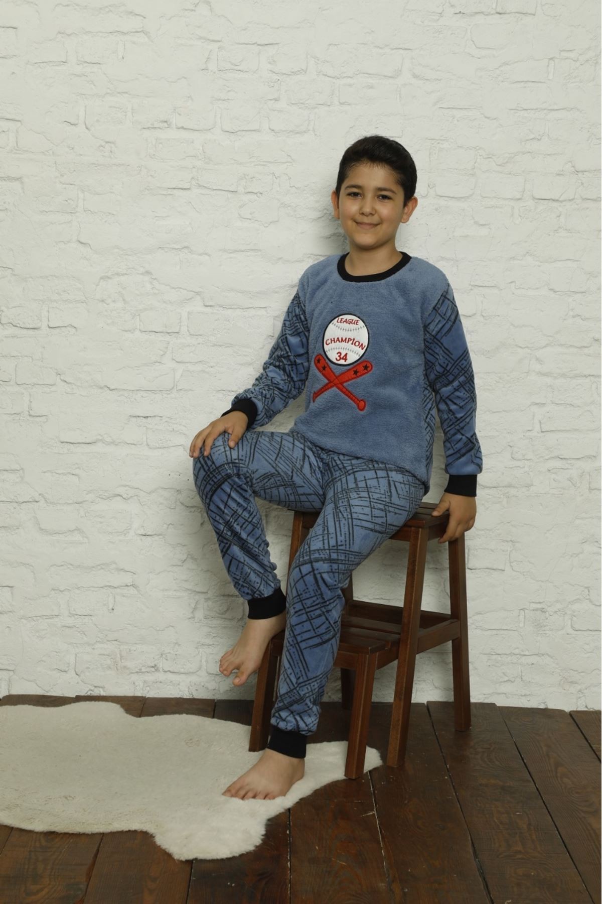 MİNİM Mavi Champion Nakışlı Polar Erkek Çocuk Pijama Takımı 5-16 Yaş 5005-M