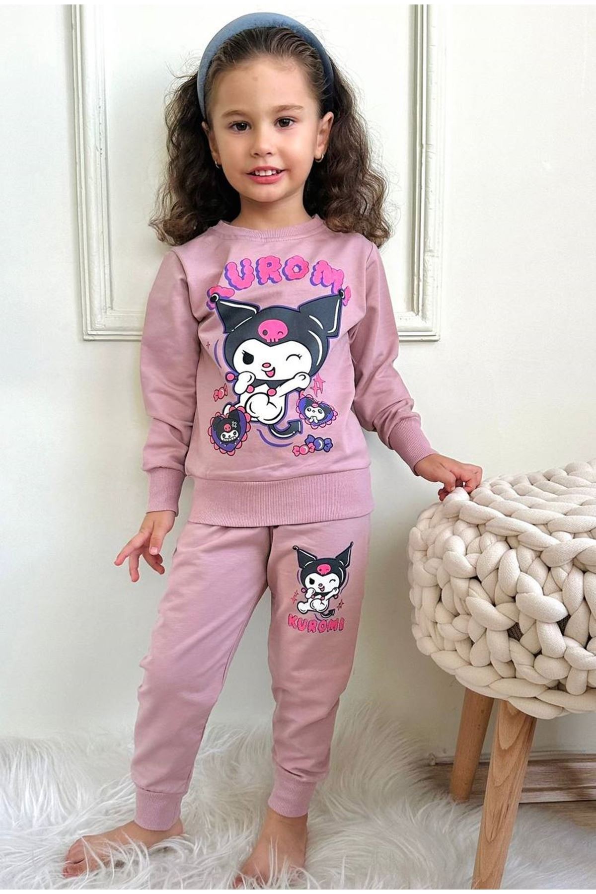 2PJK2İ Kuromi Desenli Gül Kurusu 2 İp %100 Pamuk Kız Çocuk Eşofman Takımı 3-10 Yaş 7312-GK