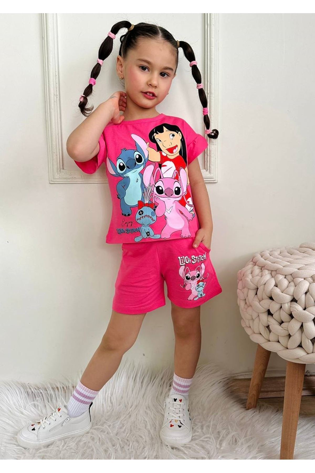 PJKSKT Stitch Desenli Fuşya Şortlu Kız Çocuk Kısa Kol Takım 7534-F