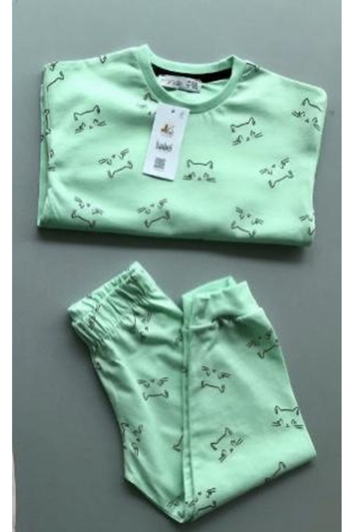 İSOB Su yeşili Kedicik Desenli %100 Pamuk Kız Çocuk Pijama Takımı 3-8 Yaş 21437-SY