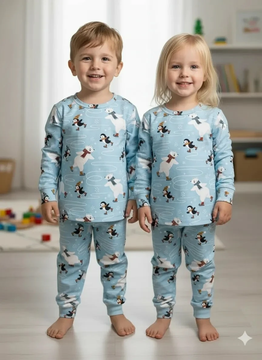 İSOB Mavi Yeni Yıl Desenli İnterlok %100 Pamuk Unisex Kız ve Erkek Çocuk Pijama Takımı 3-13 Yaş 4226-M