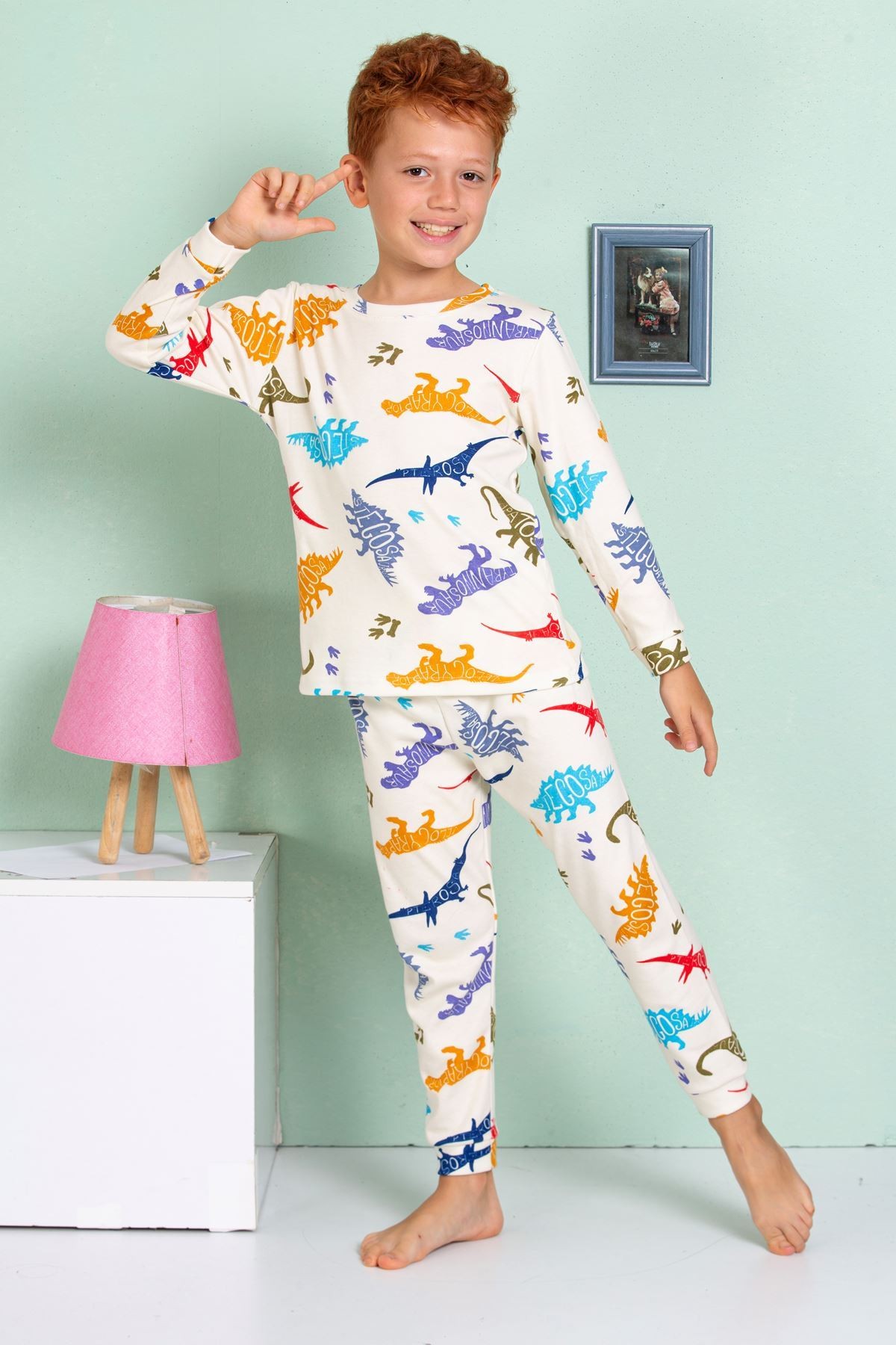 ELMP Krem Dinazor Desenli %100 Pamuk Erkek Çocuk Pijama Takımı 1-13 Yaş 3062