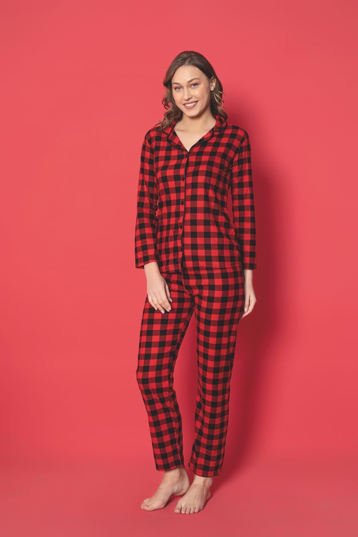 MLALE Ekose Desenli Süet Bayan Pijama Takımı 2055