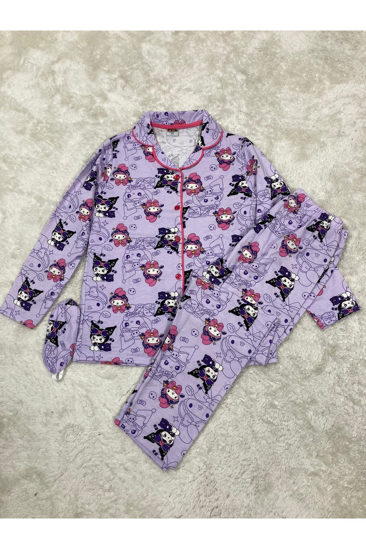 PJKÖ Kuromi ve Arkadaşları Desenli Lila Uzun Kollu Önden Düğmeli Kız Çocuk Pijama Takımı 4-12 Yaş 539U-L