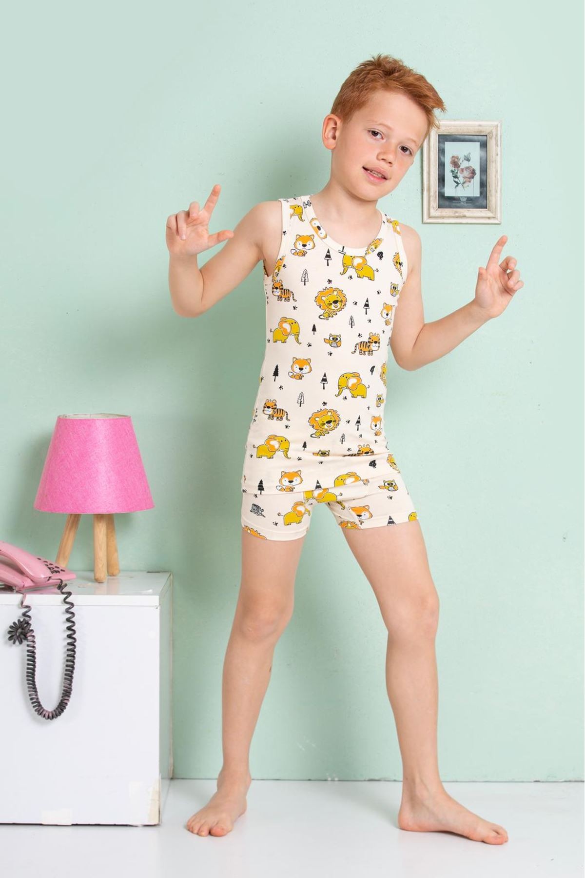ELM Bej Arslan Desenli Erkek Çocuk Atlet Boxer Takımı 7064