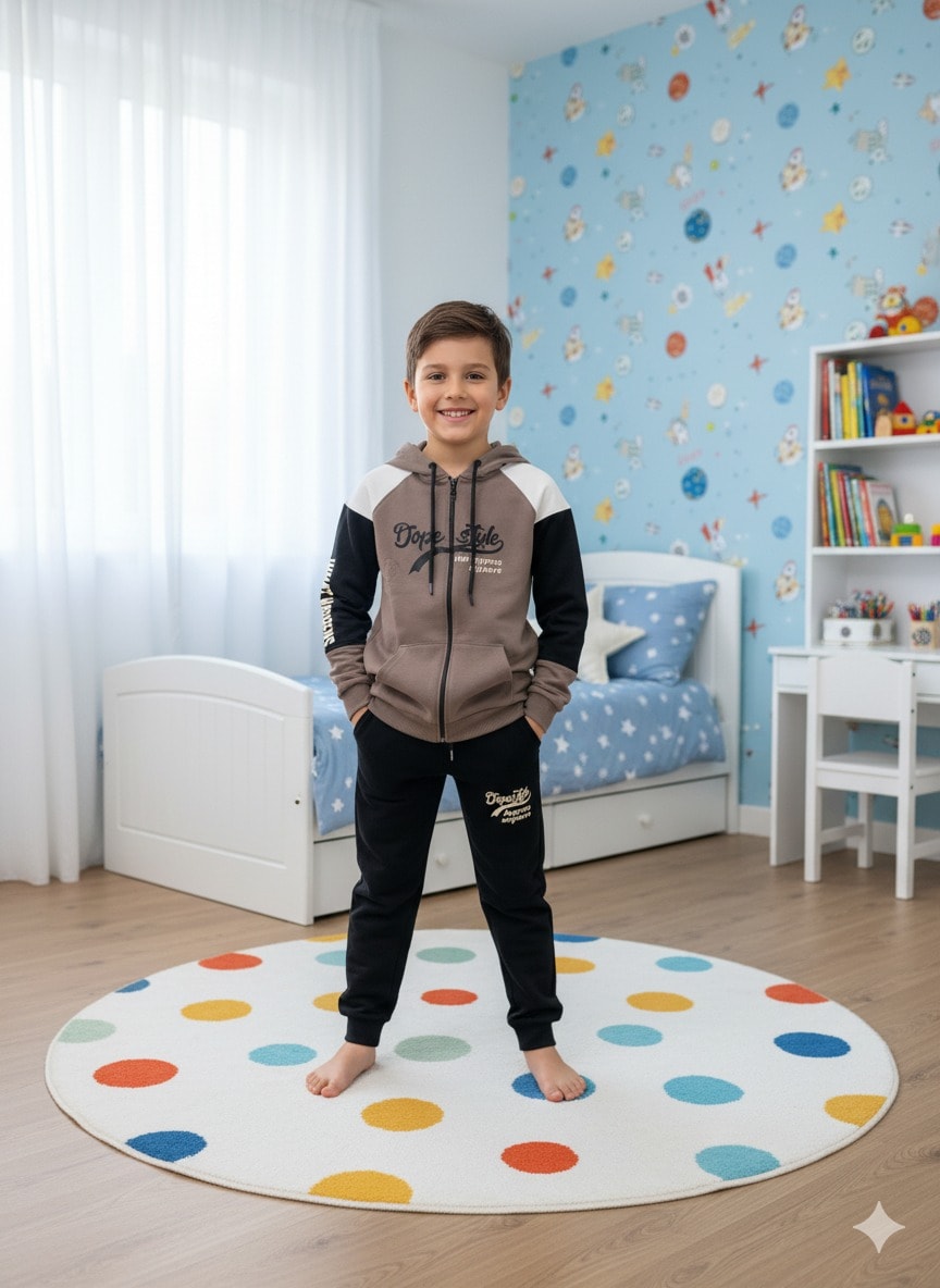 YUKO2İ Dope Style Desenli 2 İp Kumaş Kapşonlu Erkek Çocuk Eşofman Takımı 9-16 Yaş 30027-40027 - BEJ