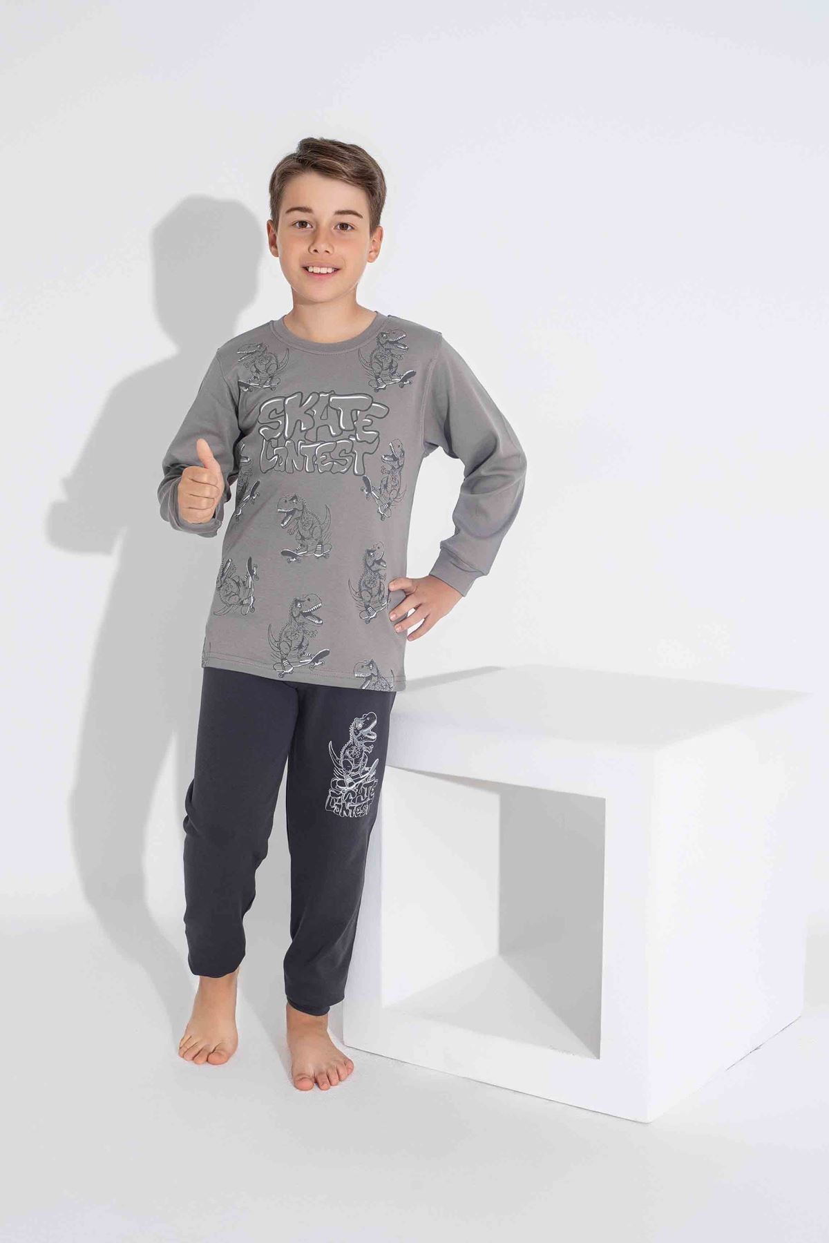 TARP Gri Dinazorlu İnterlok Erkek Çocuk Pijama Takımı 3-11 Yaş 3741-3742-G