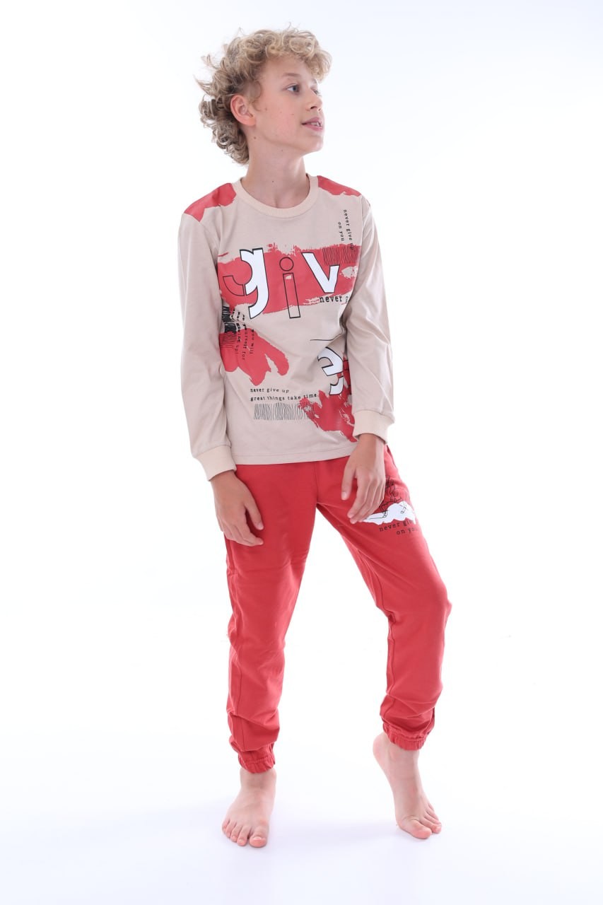 İSOBGİV Give Desenli %100 Pamuk Erkek Çocuk Pijama Takımı 3-8 Yaş 24037 - KİREMİT