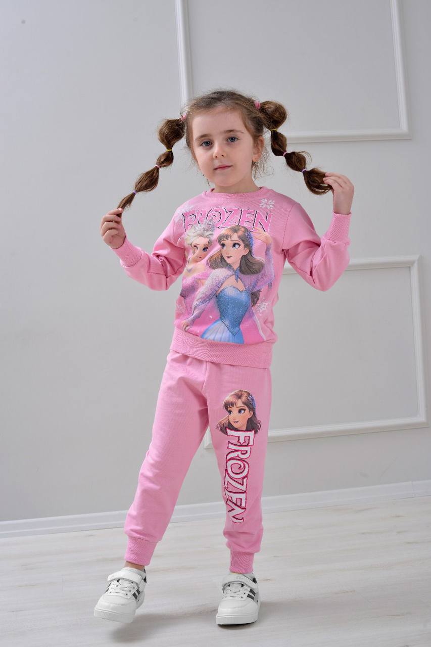 PJK2İ Frou Desenli 2 İp %100 Pamuk Kız Çocuk Eşofman Takımı 3-10 Yaş 6408 - KOYU PEMBE